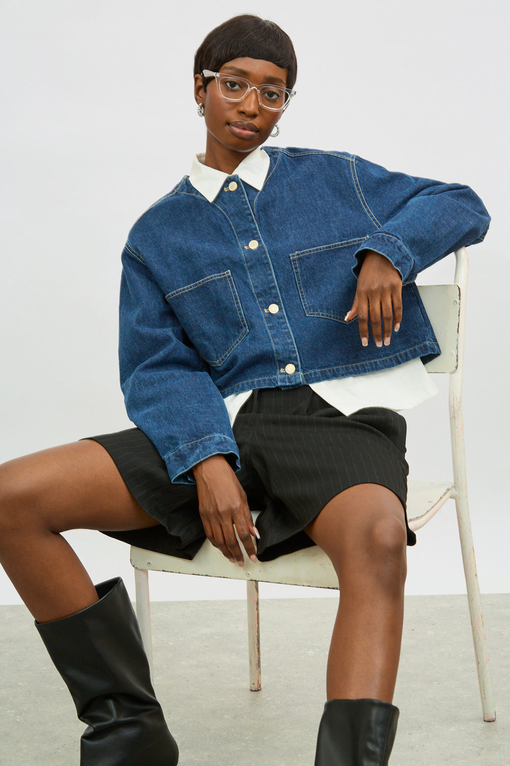 Dark blue denim round neck jacket_6