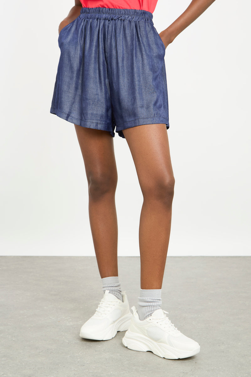 Burlap Trim Denim Shorts-Grey Blue