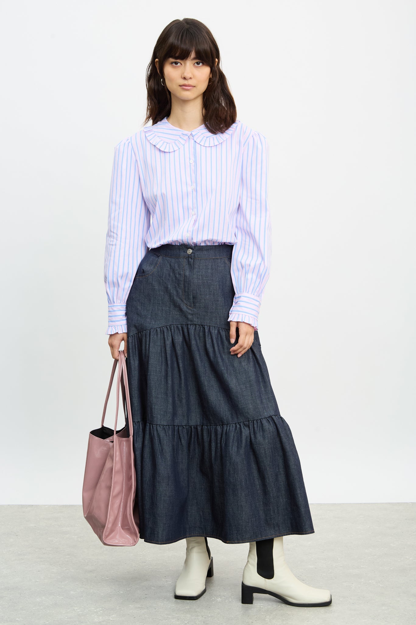 Dark blue denim tiered midi skirt_4