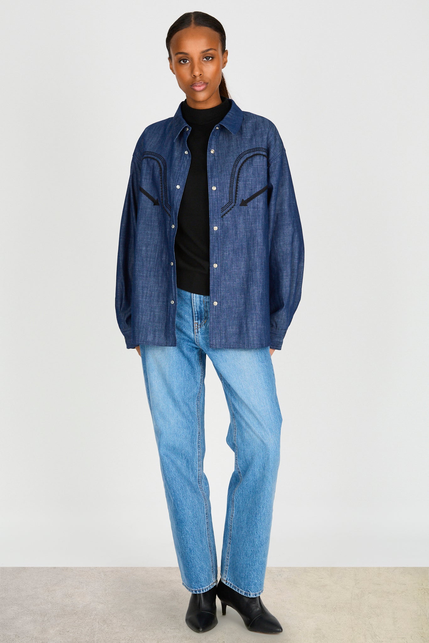Dark blue denim western trim shirt_5