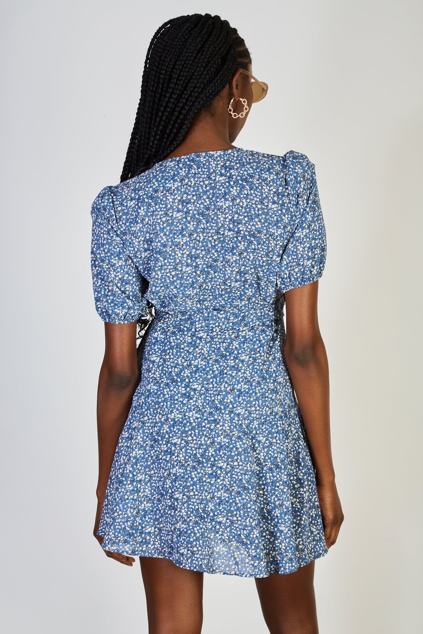 Dark blue floral print short sleeved wrap dress_3