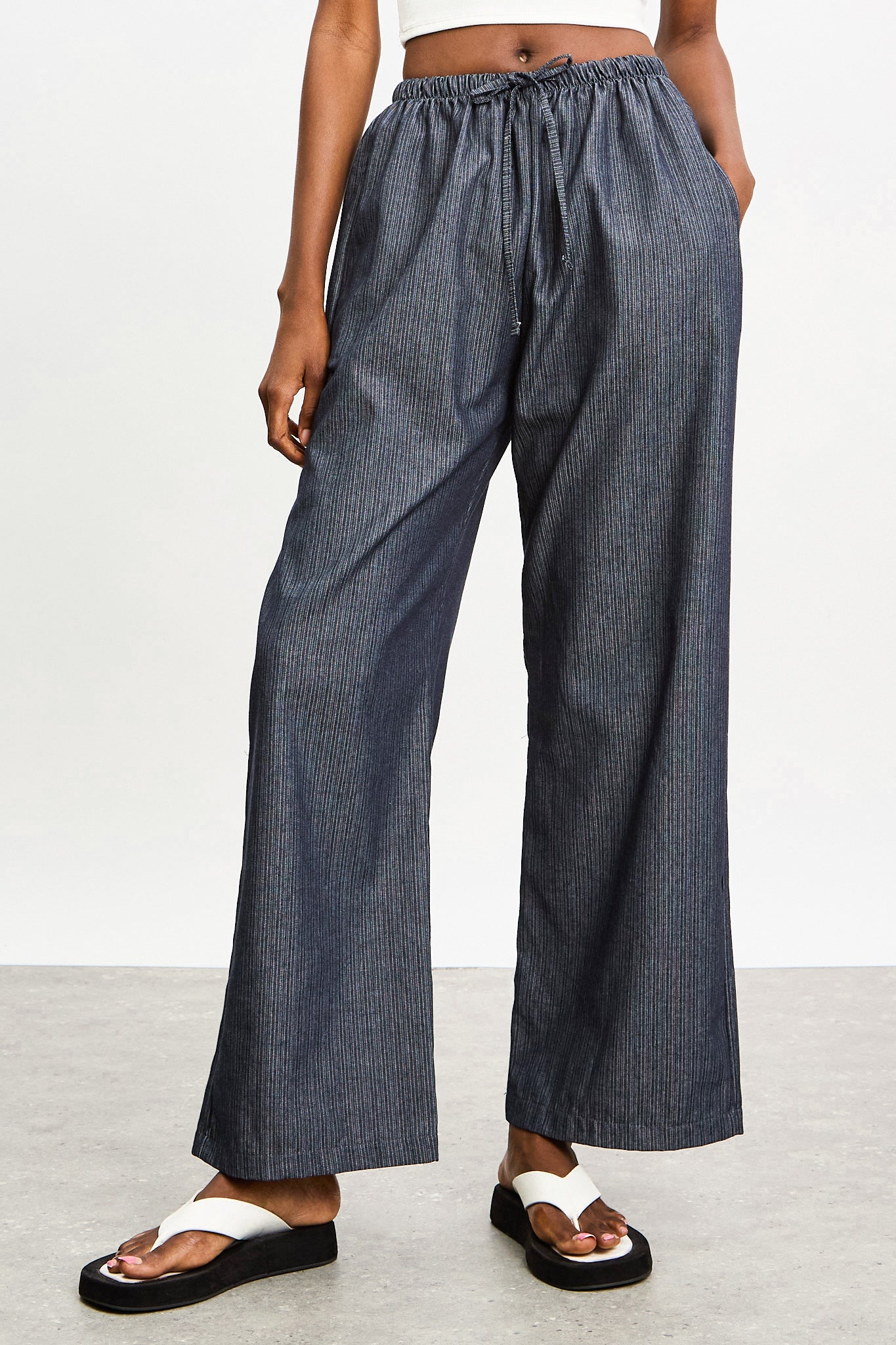 Dark blue vertical stripe drawstring trousers_1