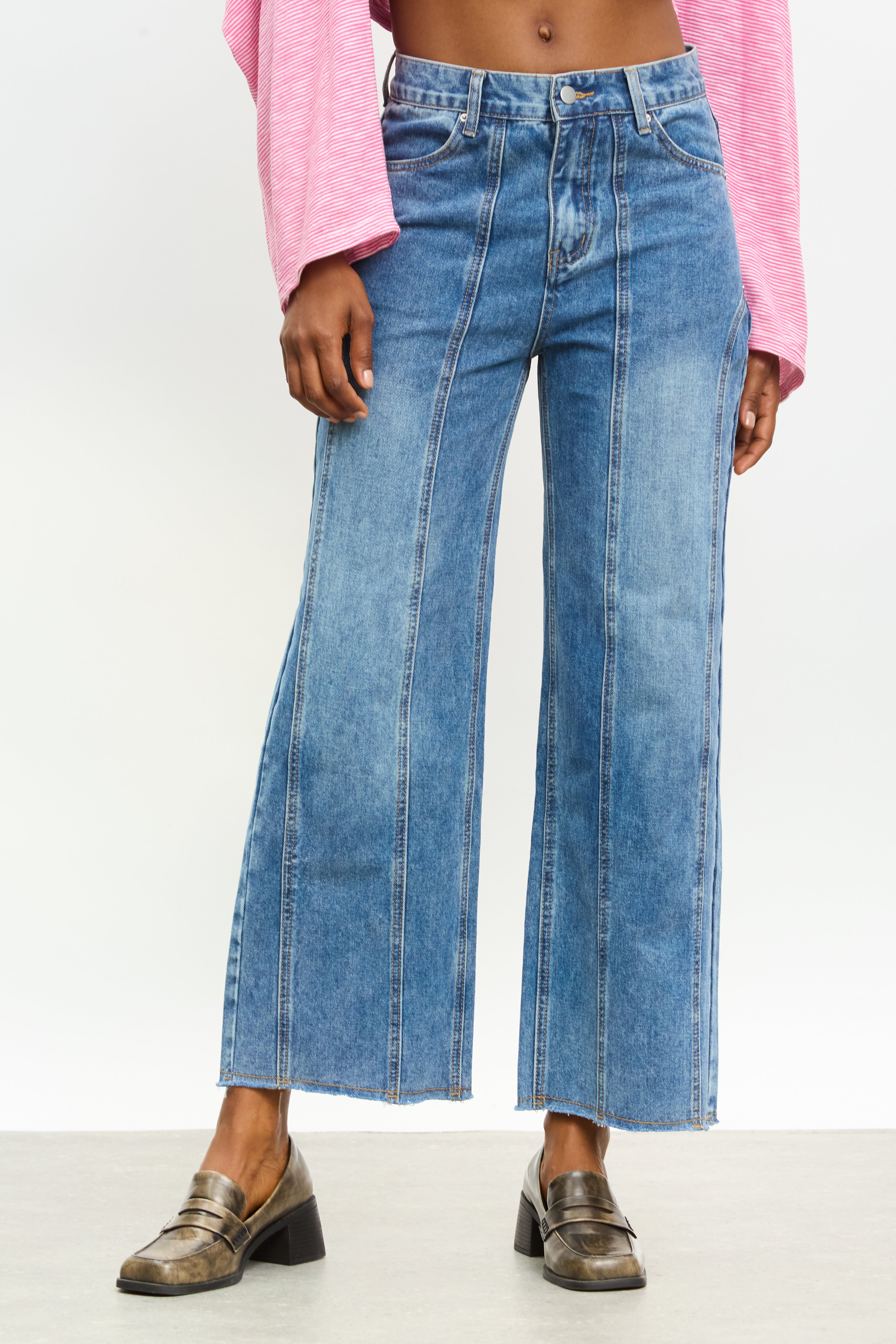 Dark blue wide leg seam detail jeans_1