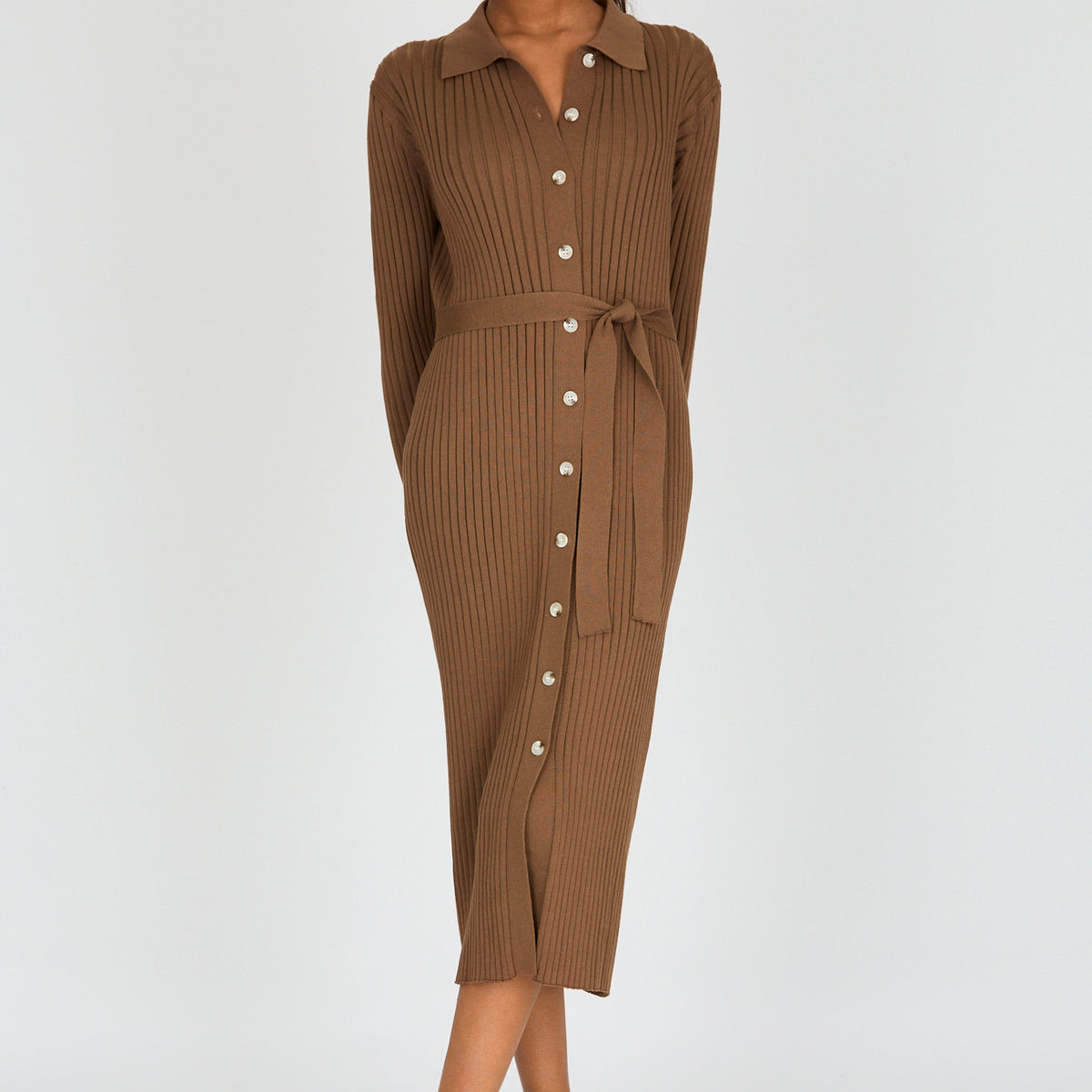 Dark brown ribbed knit button front dress