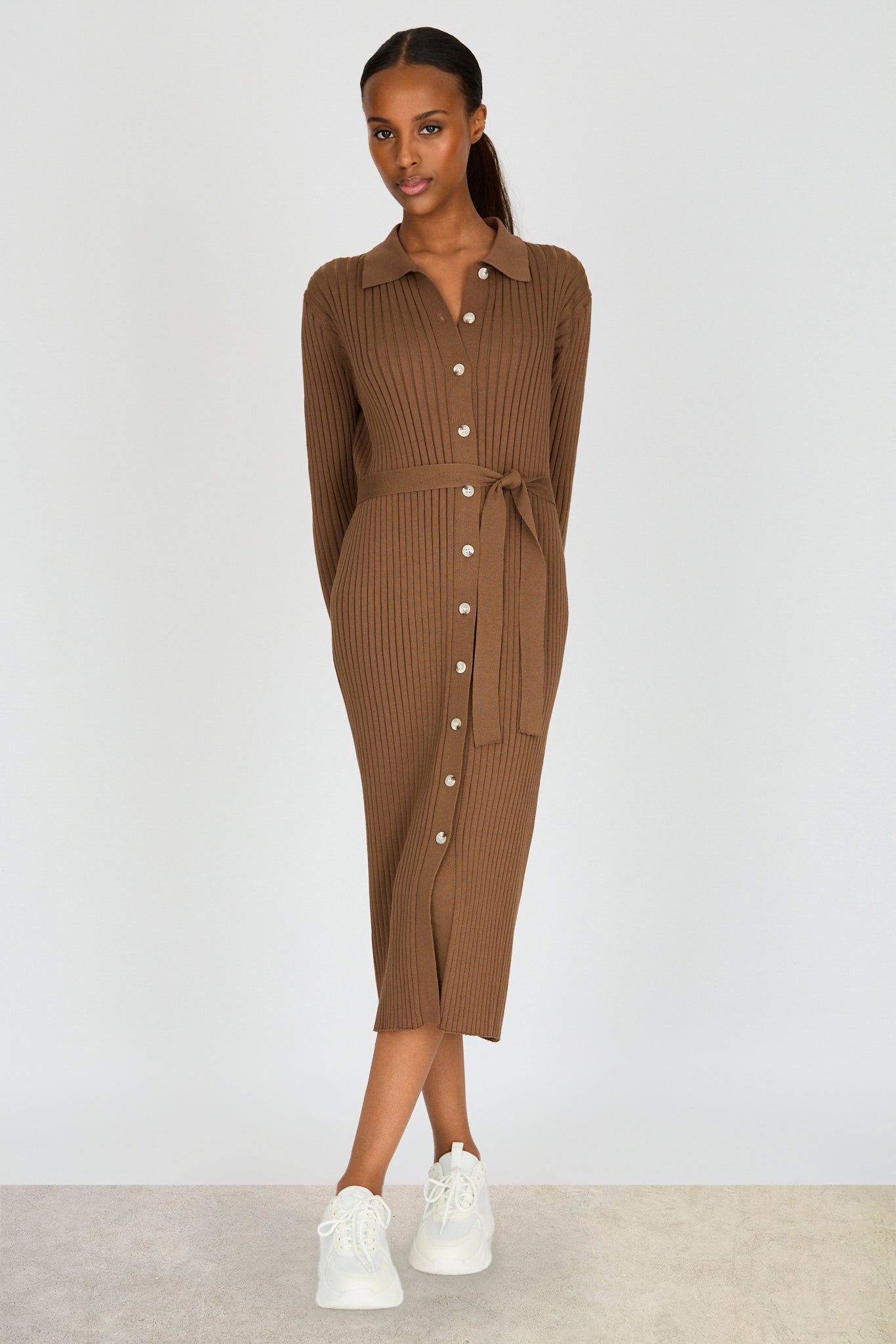 Dark brown ribbed knit button front dress_1