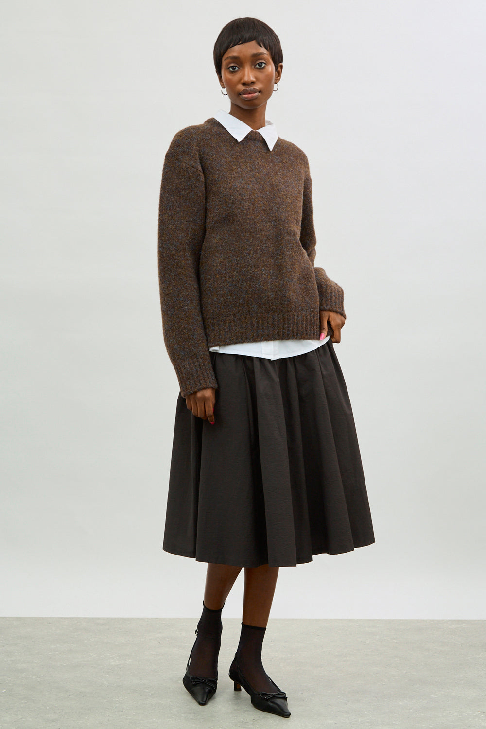 Dark brown wool blend flecked crew neck jumper_4