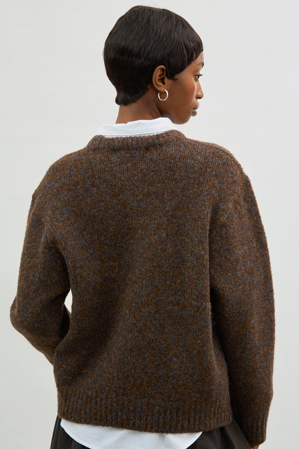 Dark brown wool blend flecked crew neck jumper_2