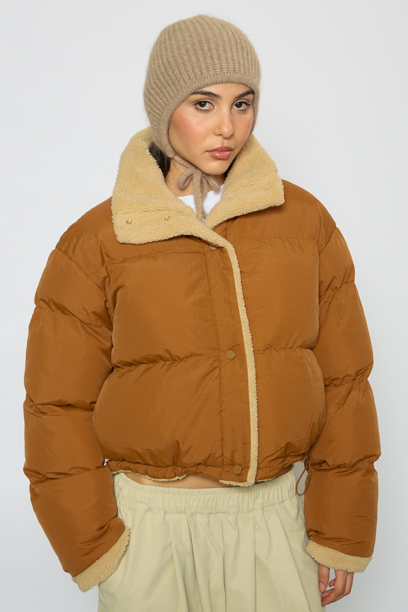 Dark camel teddy lined puffer jacket_2