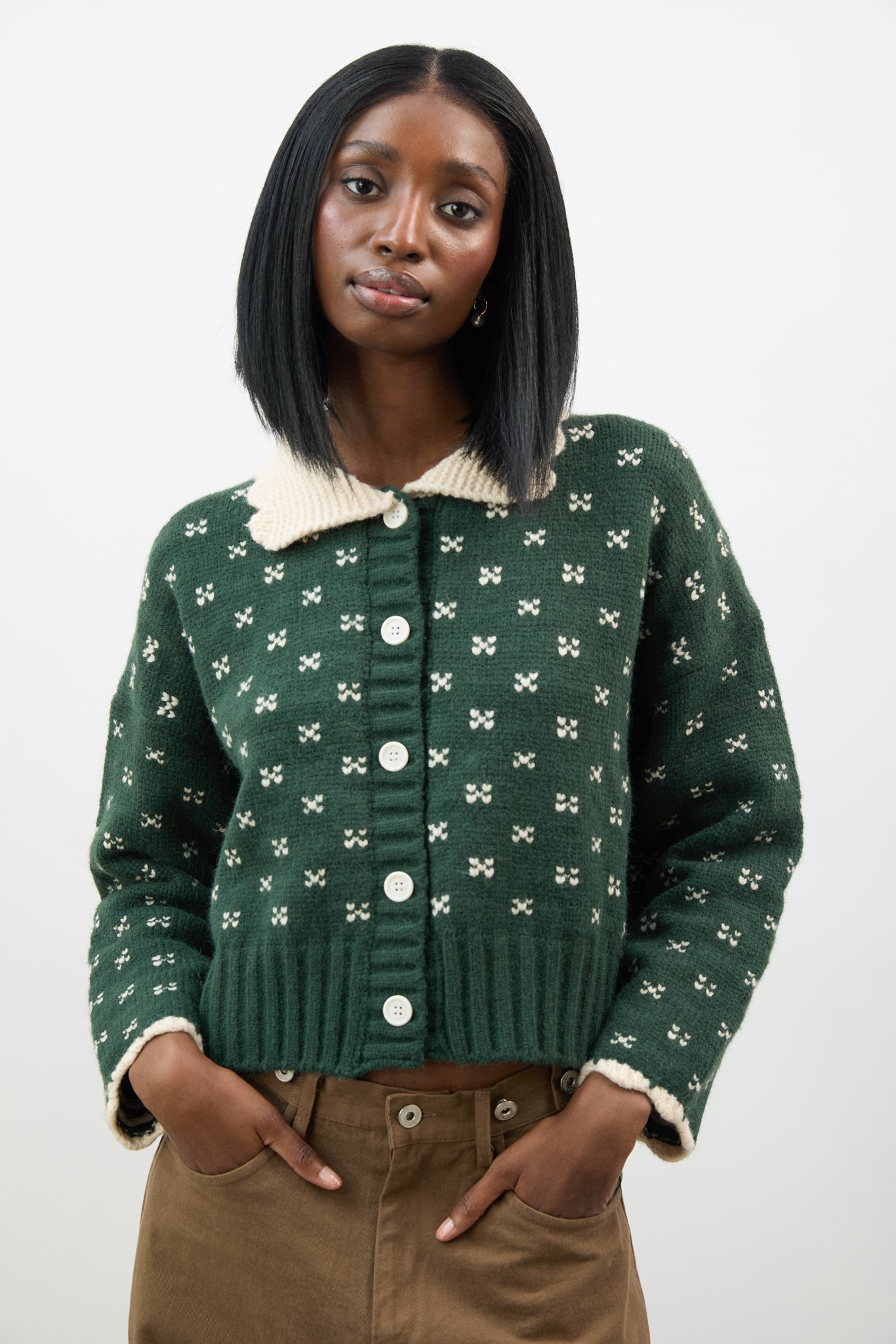 Dark green scalloped collar intarsia cross cardigan_1