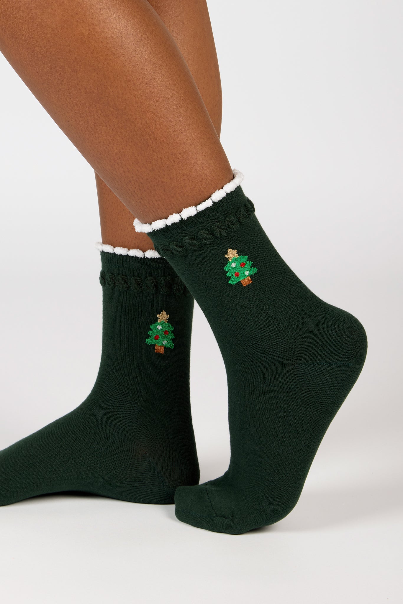 Dark green white trim tiny Christmas tree socks_3