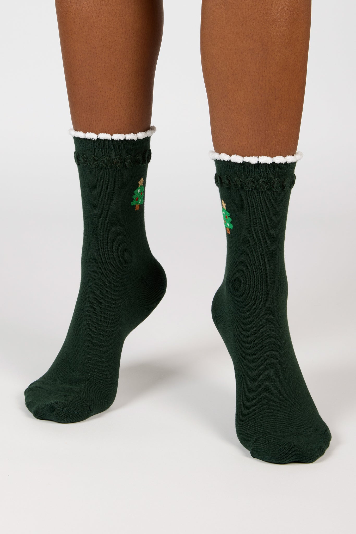 Dark green white trim tiny Christmas tree socks_4