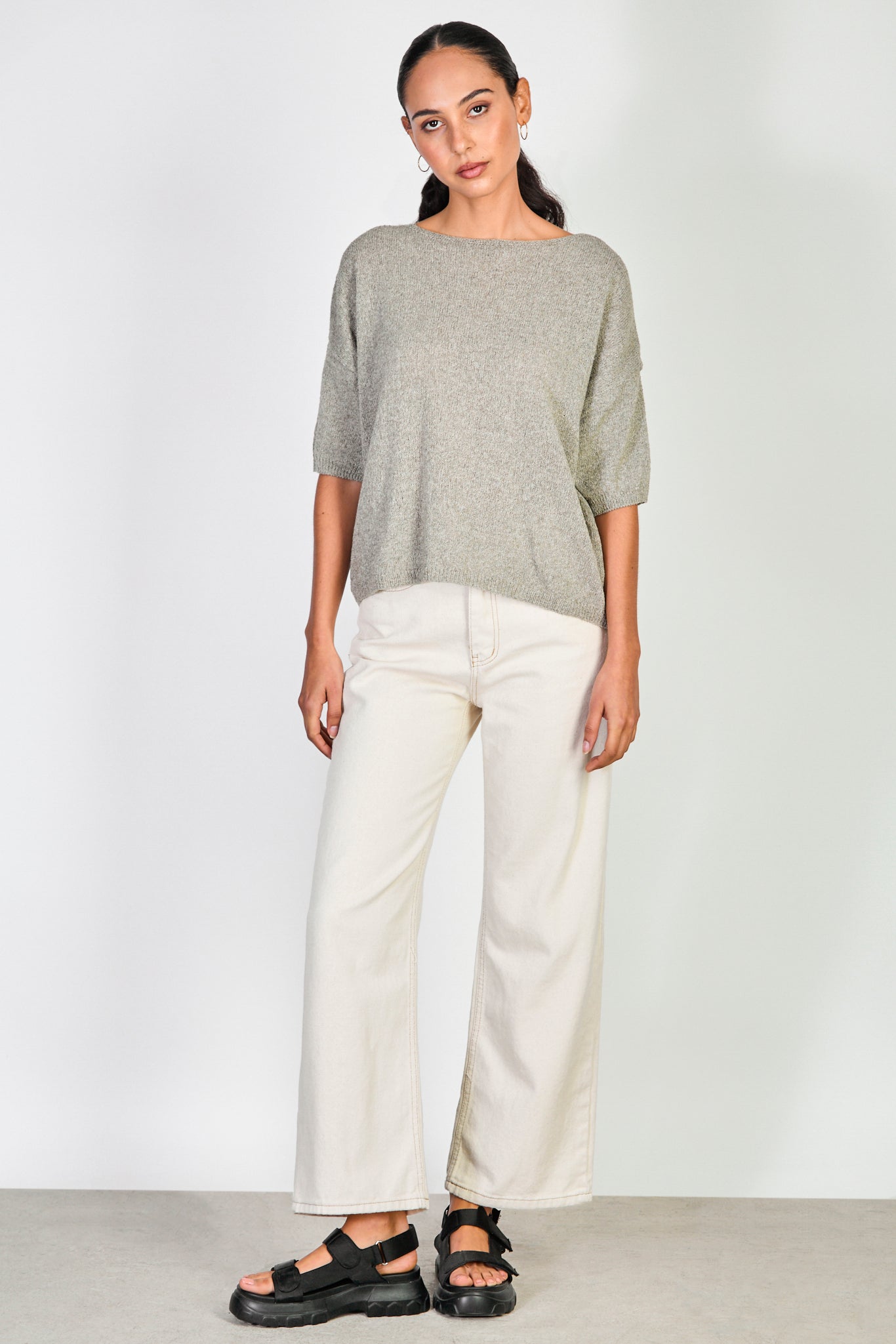 Dark khaki linen blend wide neck knit tee_4