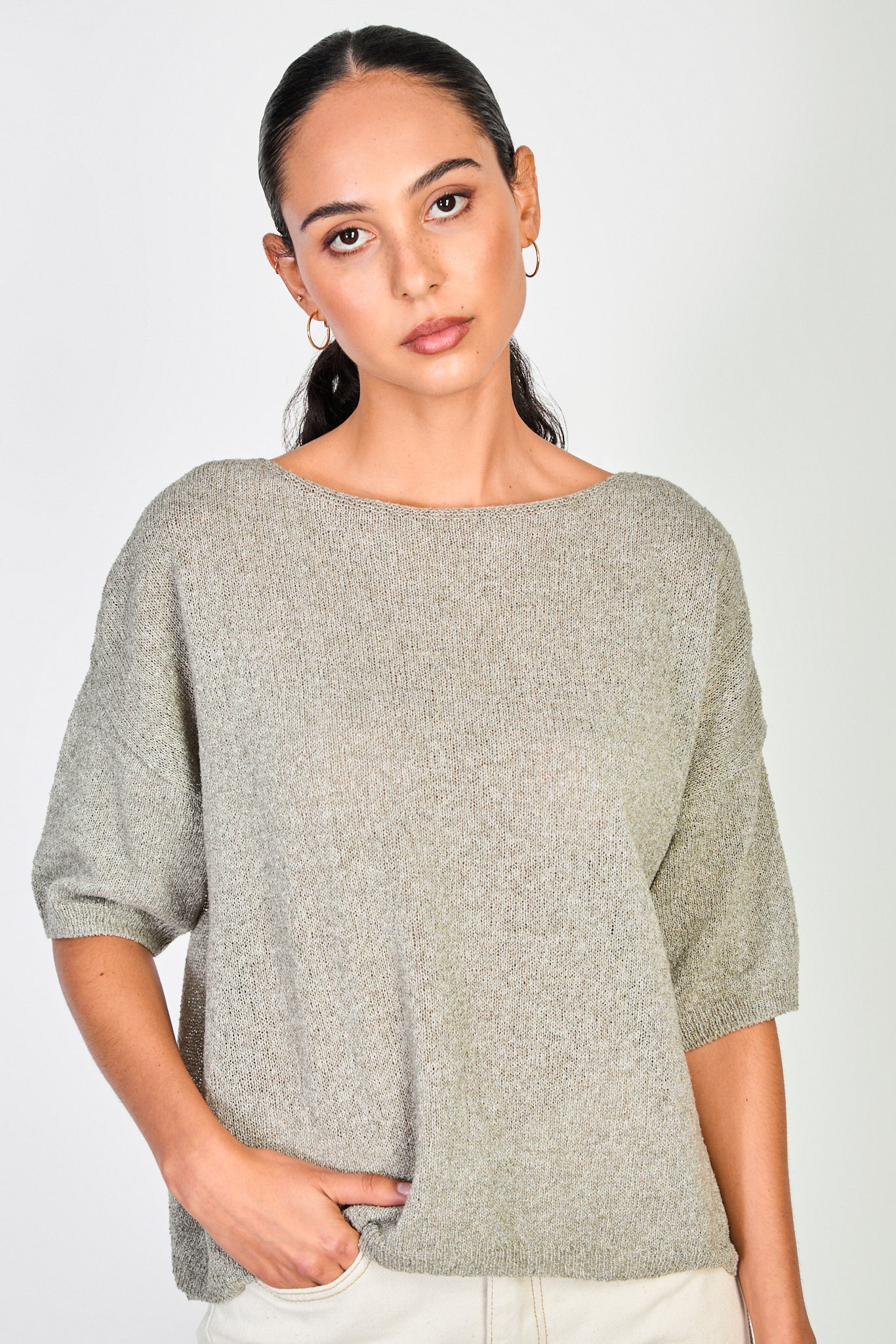 Dark khaki linen blend wide neck knit tee_1