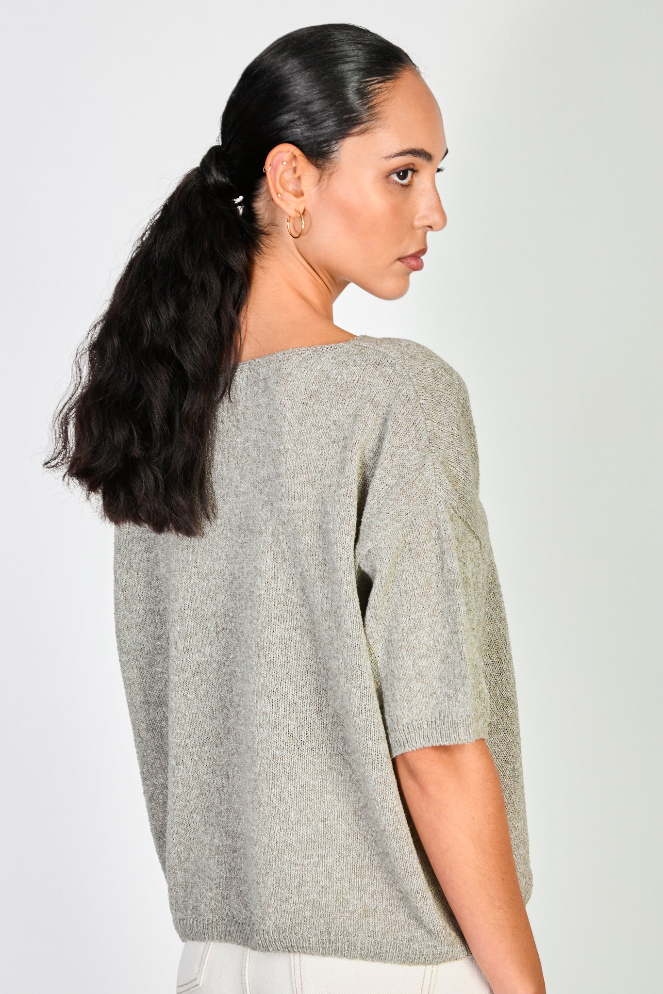 Dark khaki linen blend wide neck knit tee_2