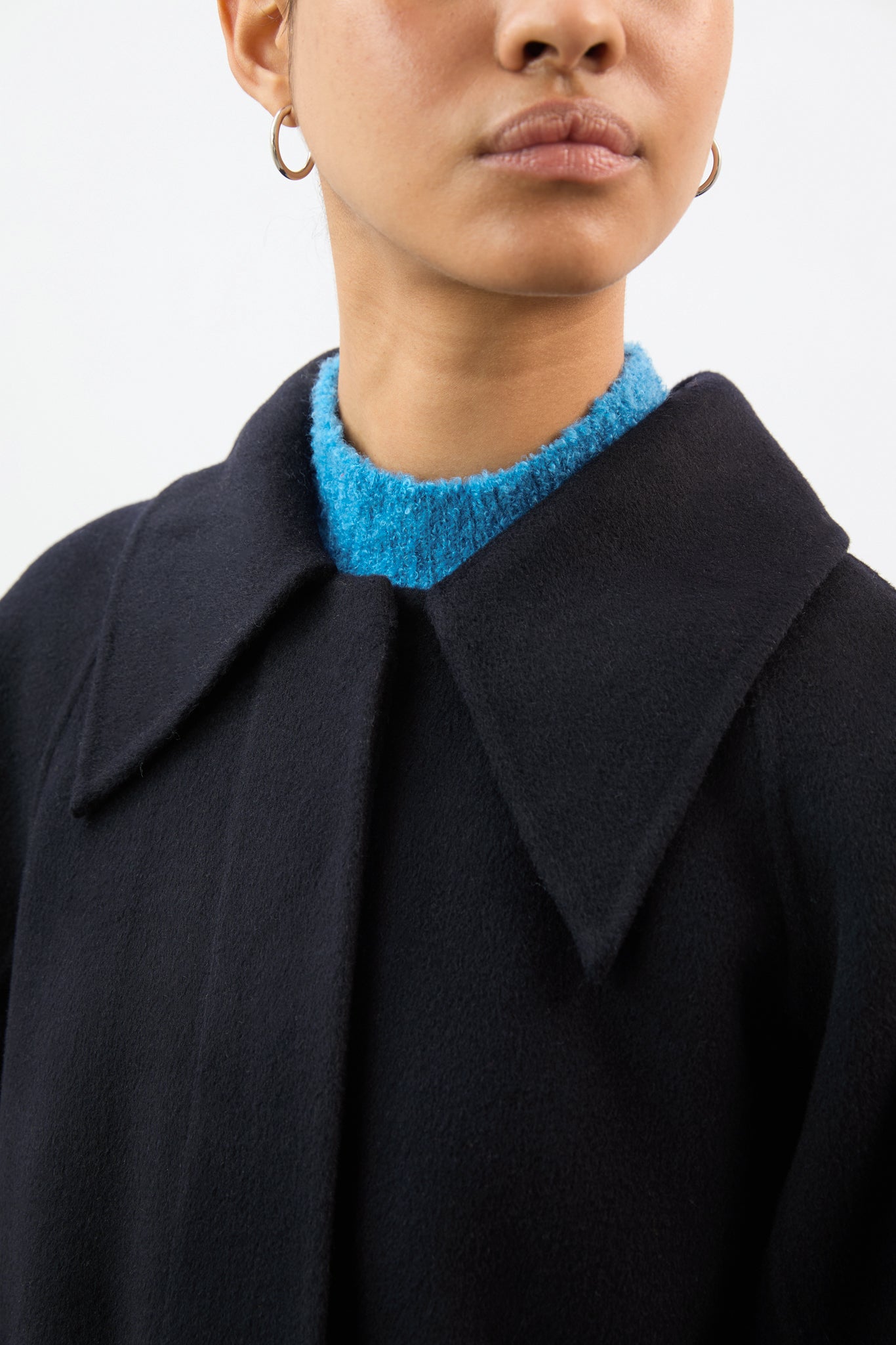 Dark navy pure wool large collar belted coat_5