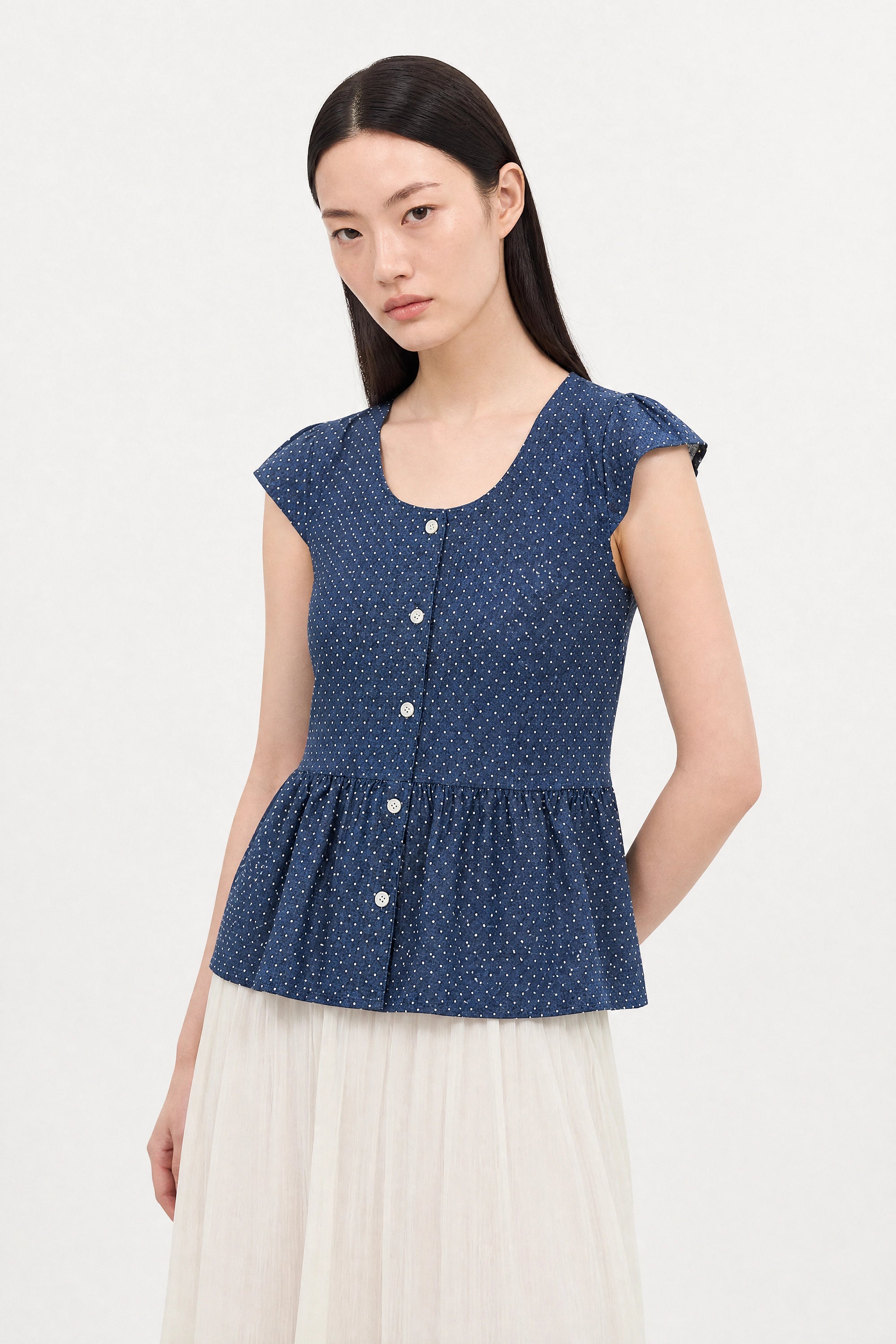 Dark blue polka dot chambray denim cap sleeve shirt_2