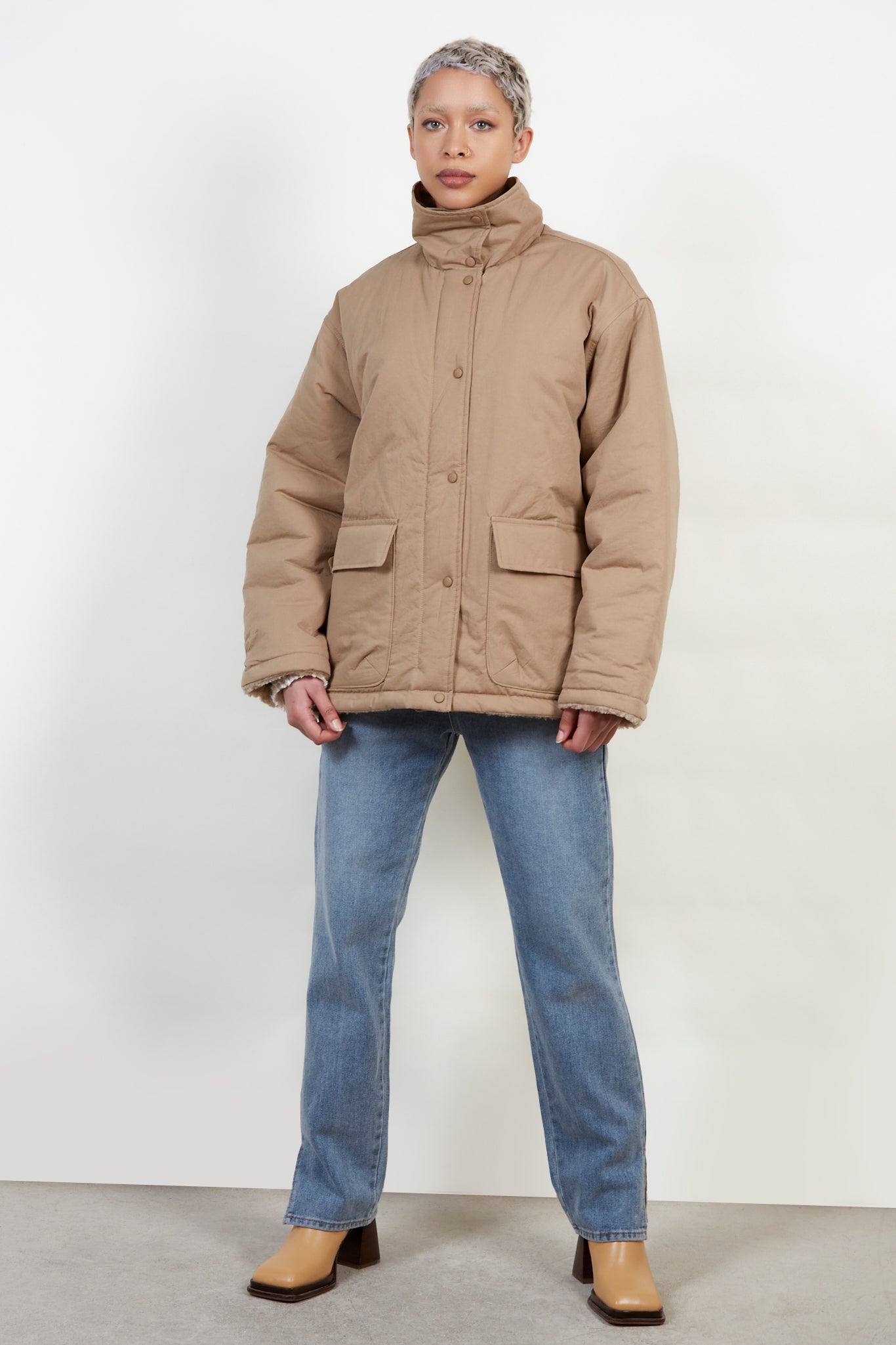 Dark beige teddy lined cinch back parka_2