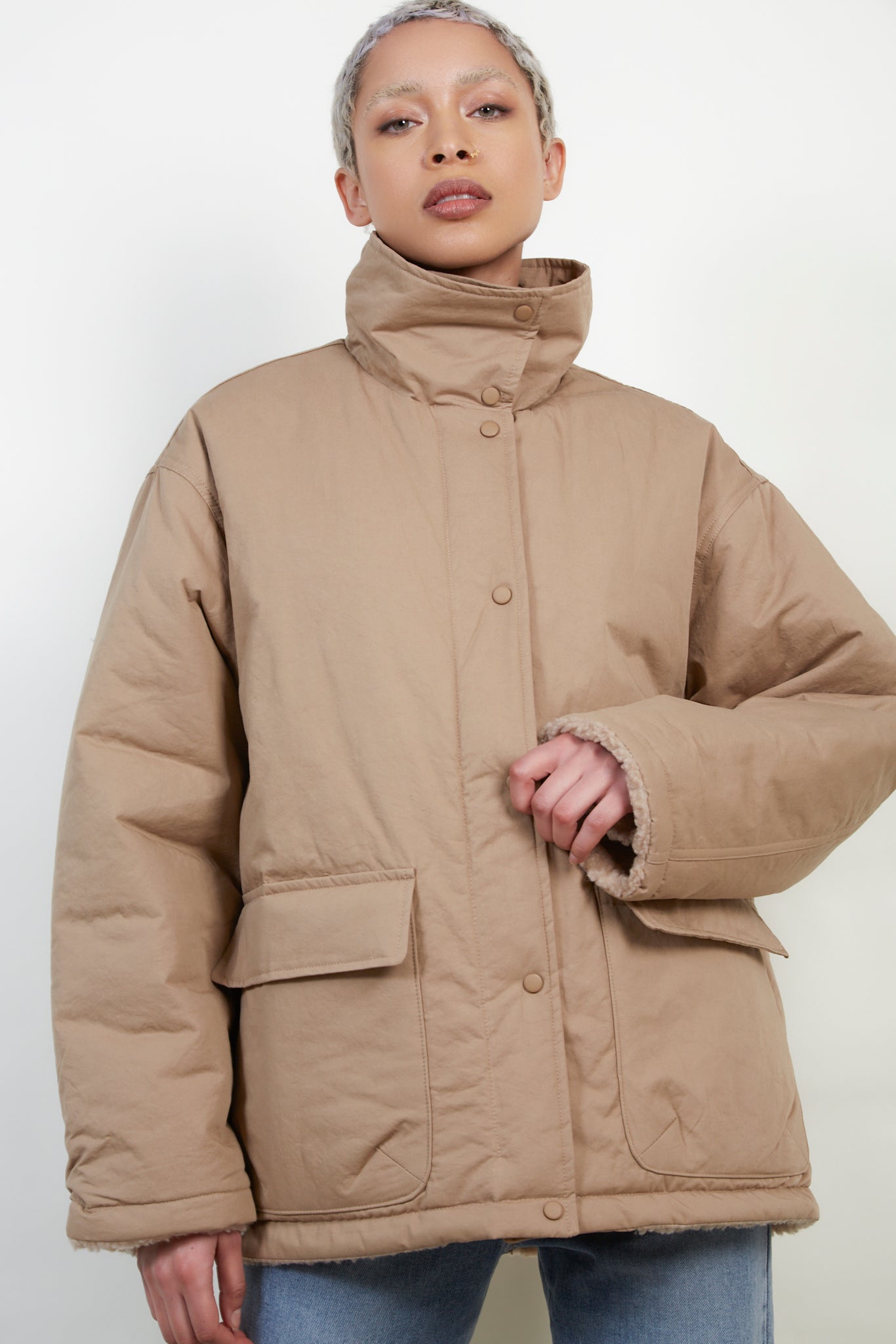 Dark beige teddy lined cinch back parka_1