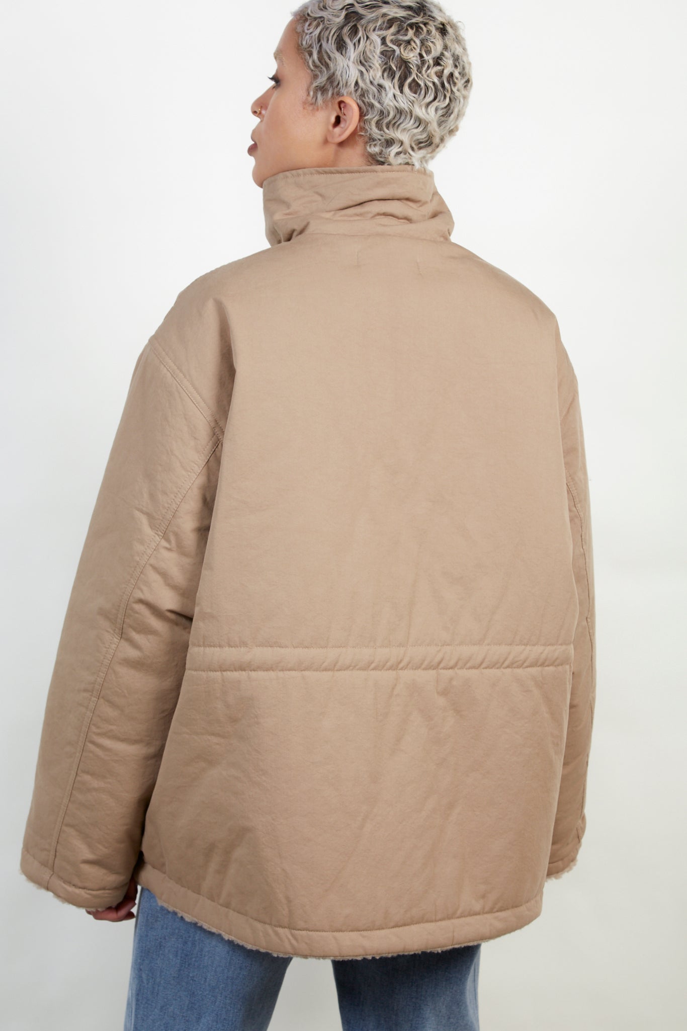 Dark beige teddy lined cinch back parka_3