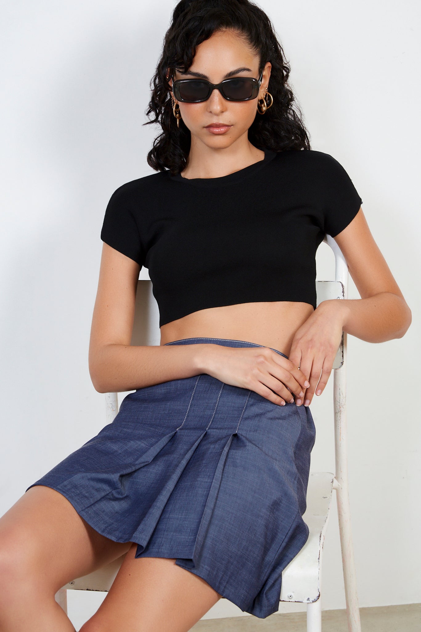 Dark blue chambray pleated mini skirt_5