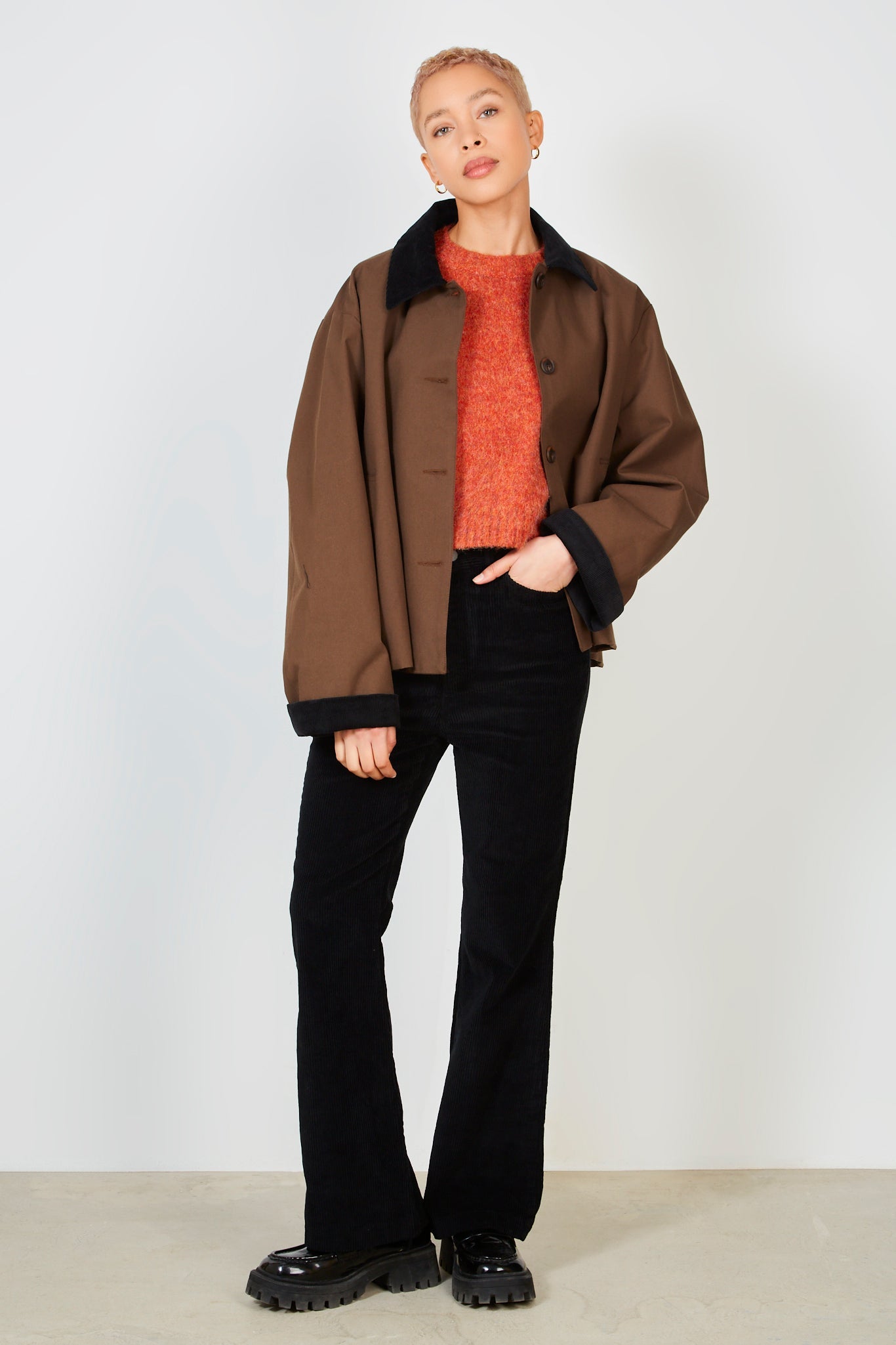 Dark brown and black corduroy collar jacket_4