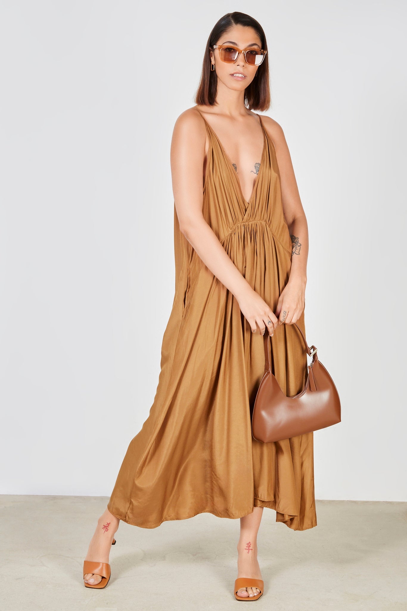 Dark brown plunging V neck dress_1
