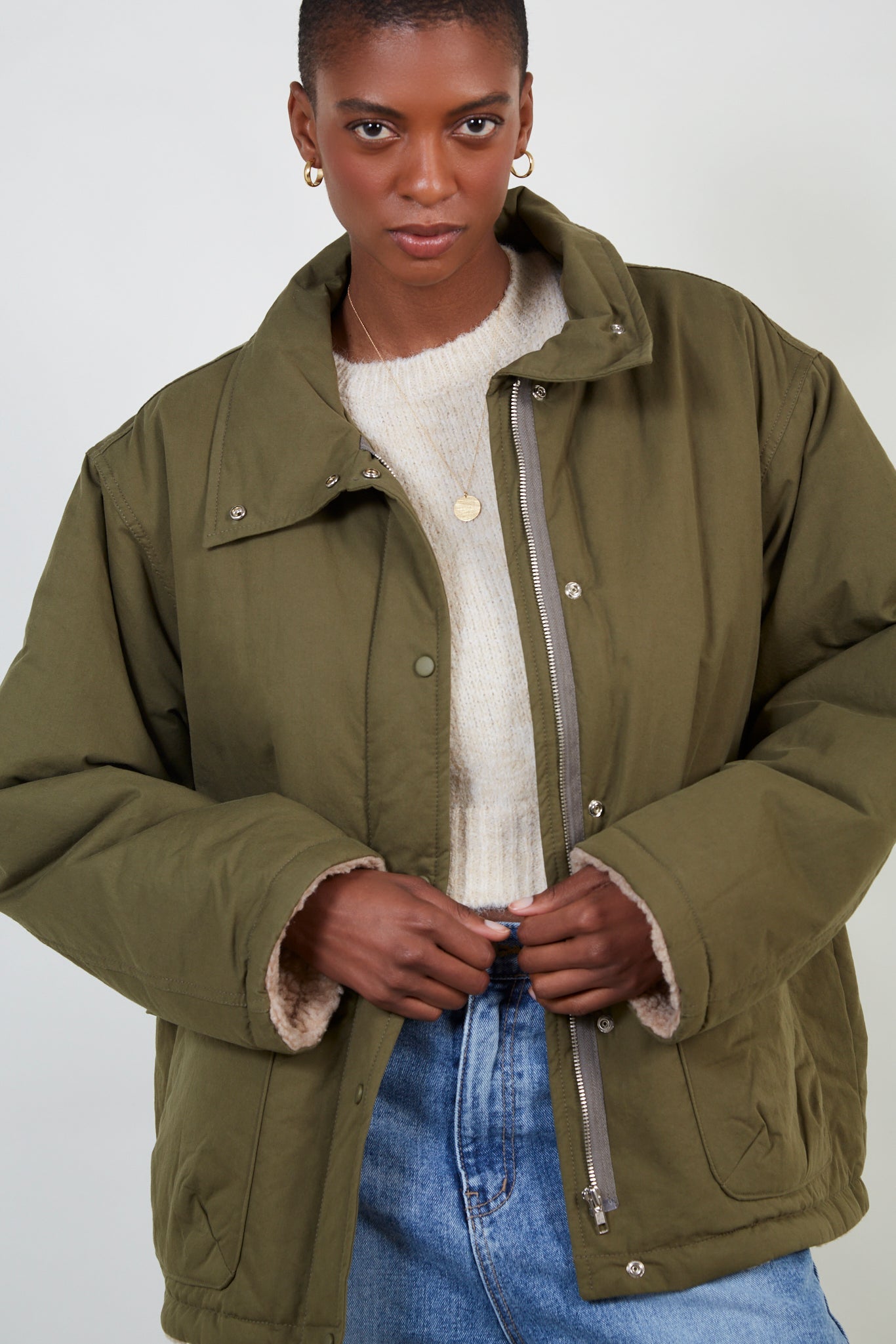 Dark khaki teddy lined cinch back parka_6