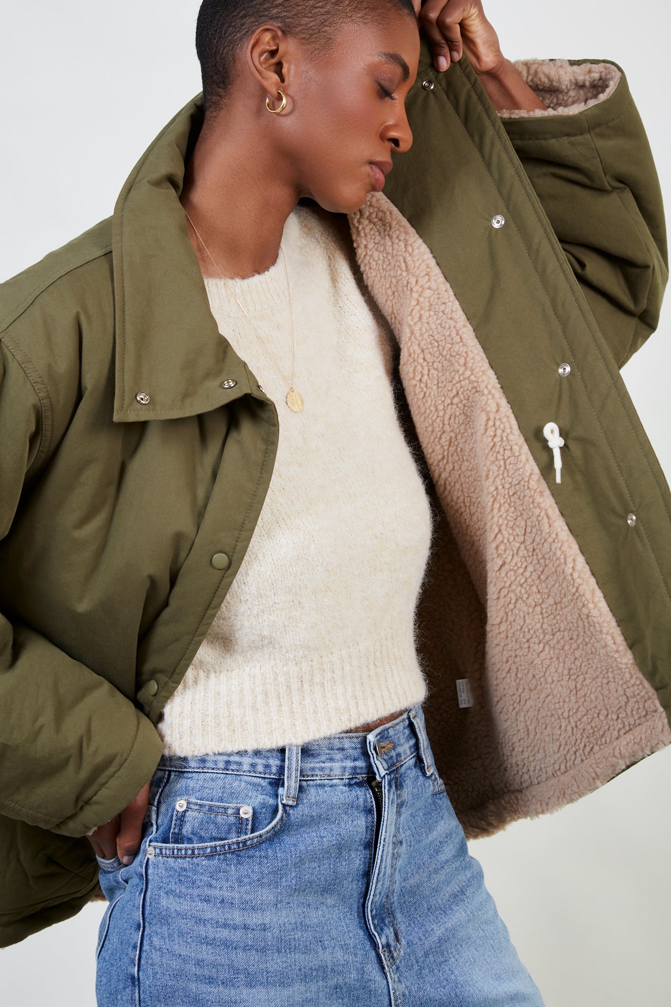 Dark khaki teddy lined cinch back parka_2