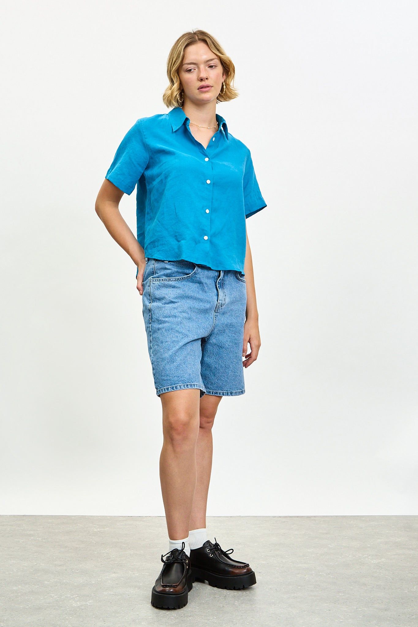 Deep blue linen short sleeve shirt_4
