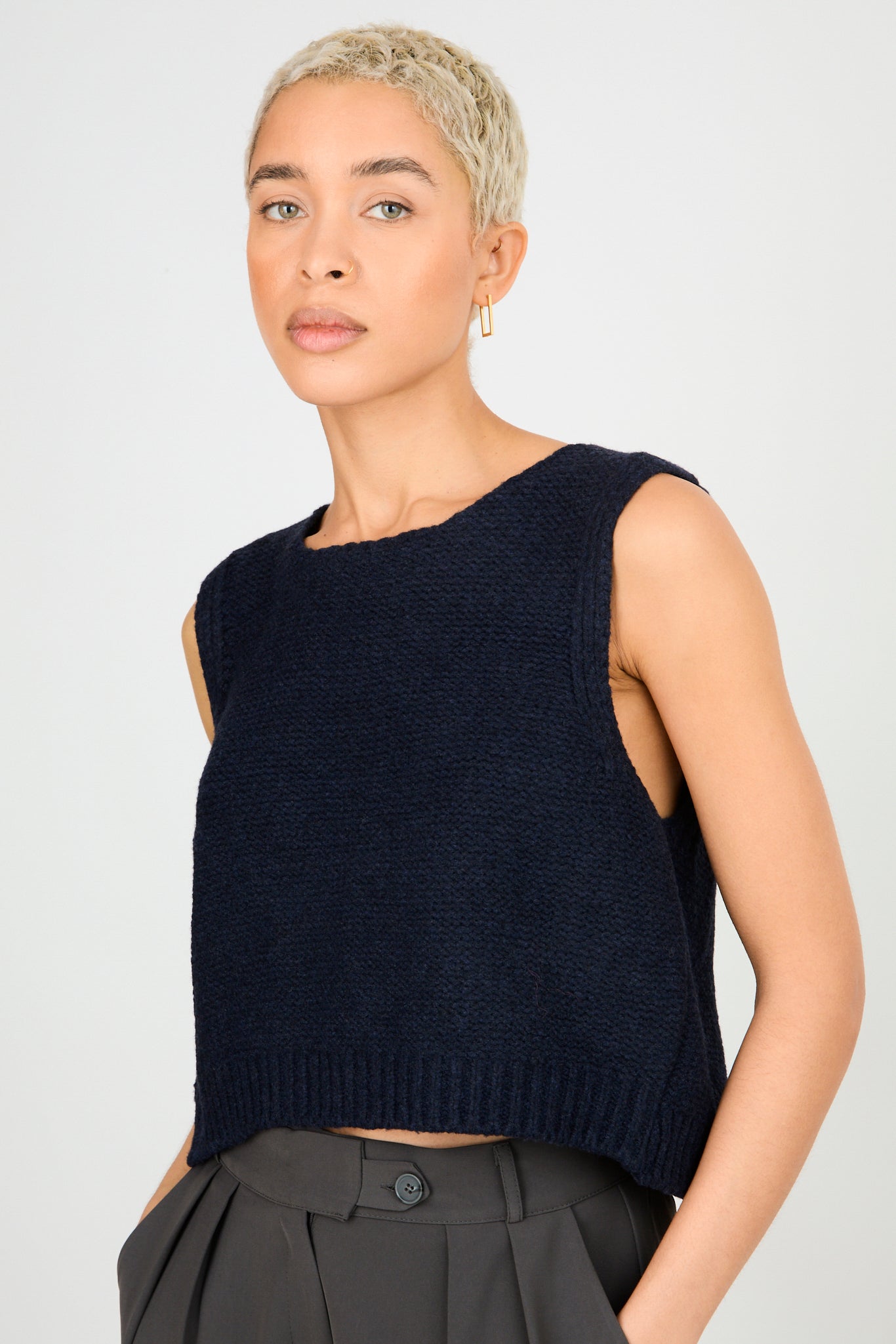 Navy blue large white double tie back sweater vest_2