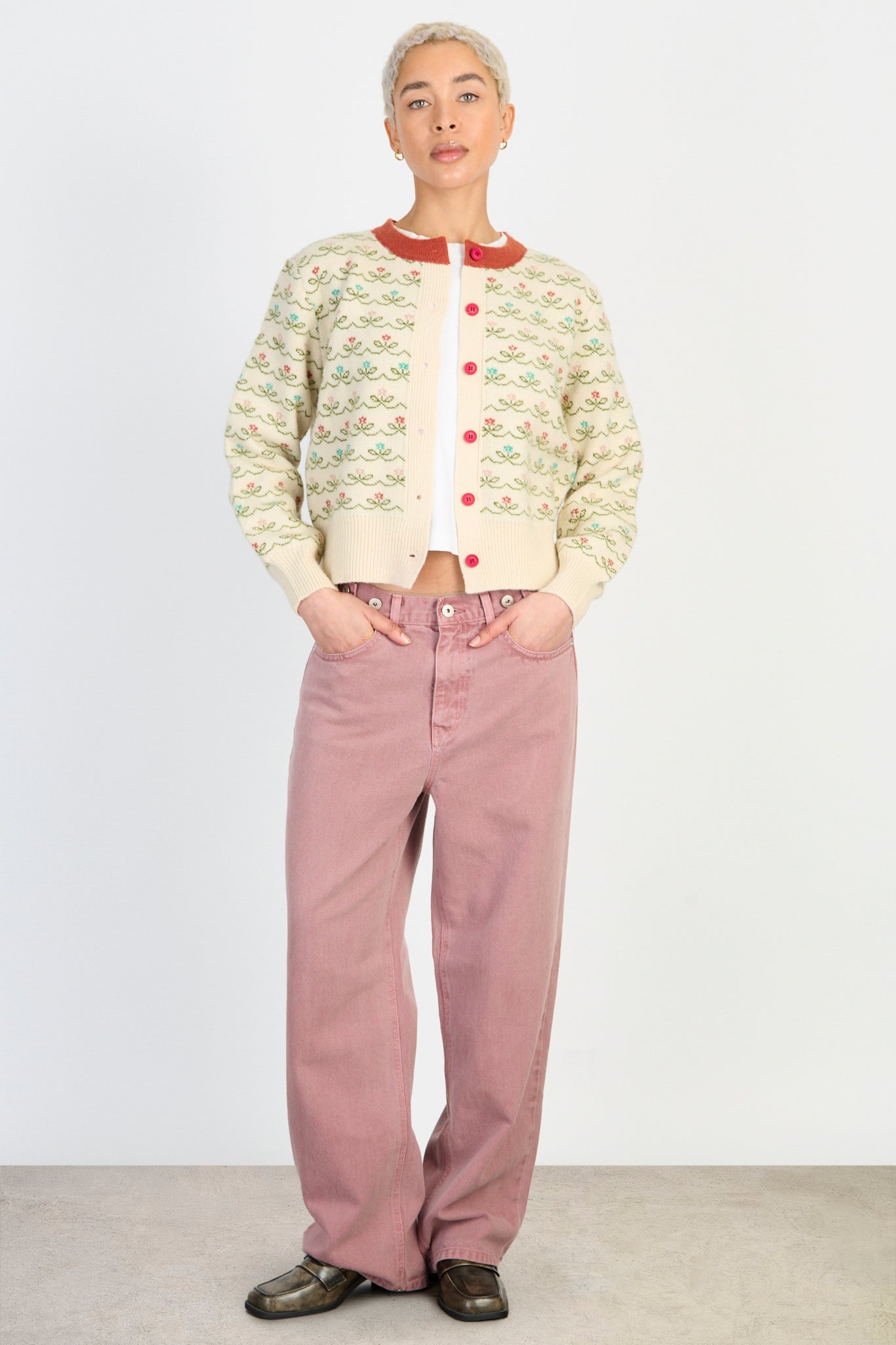 Dusty pink adjustable waist double button jeans_4