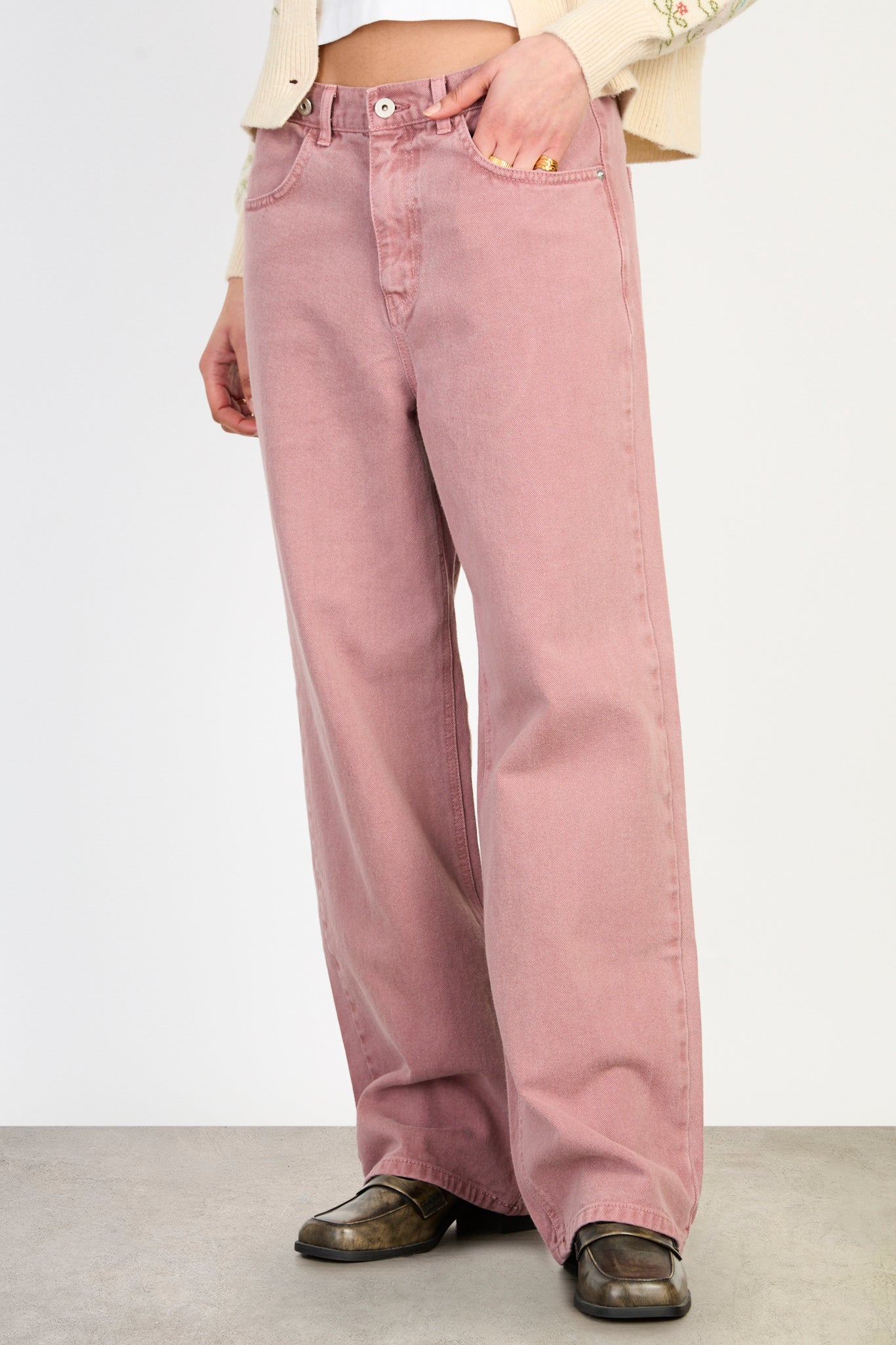 Dusty pink adjustable waist double button jeans_1