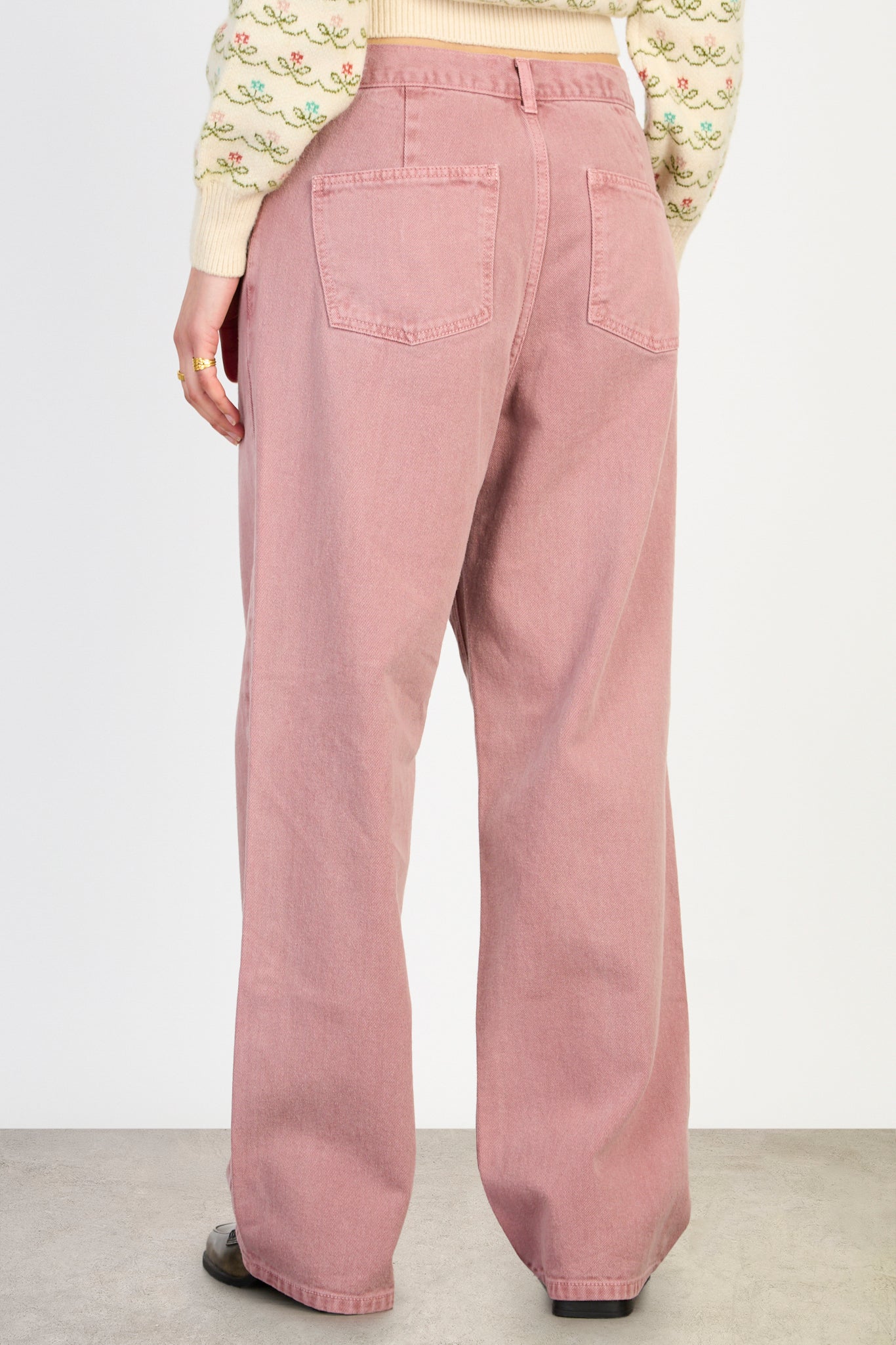 Dusty pink adjustable waist double button jeans_2