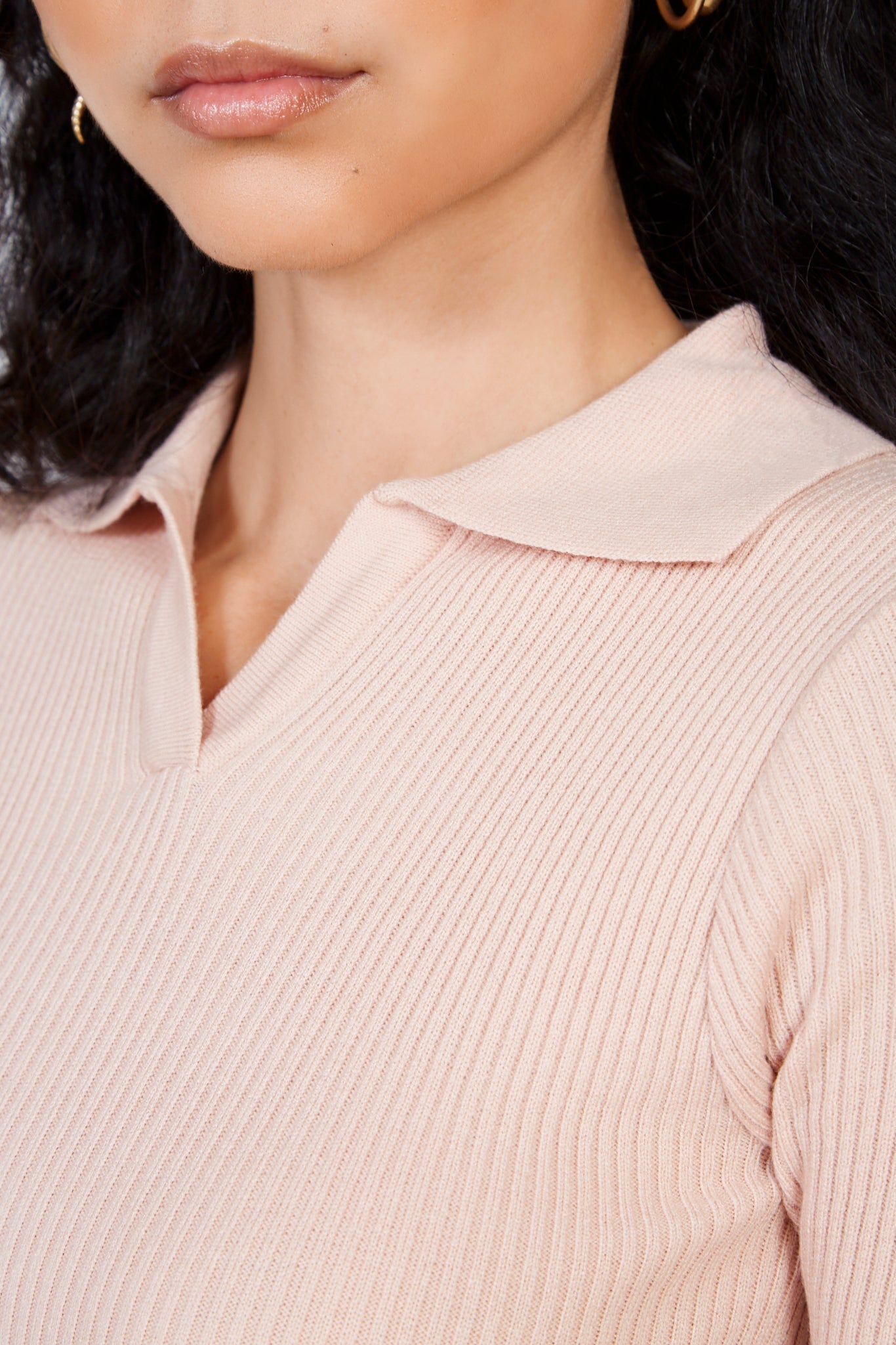 Dusty pink ribbed collar knit tee_4