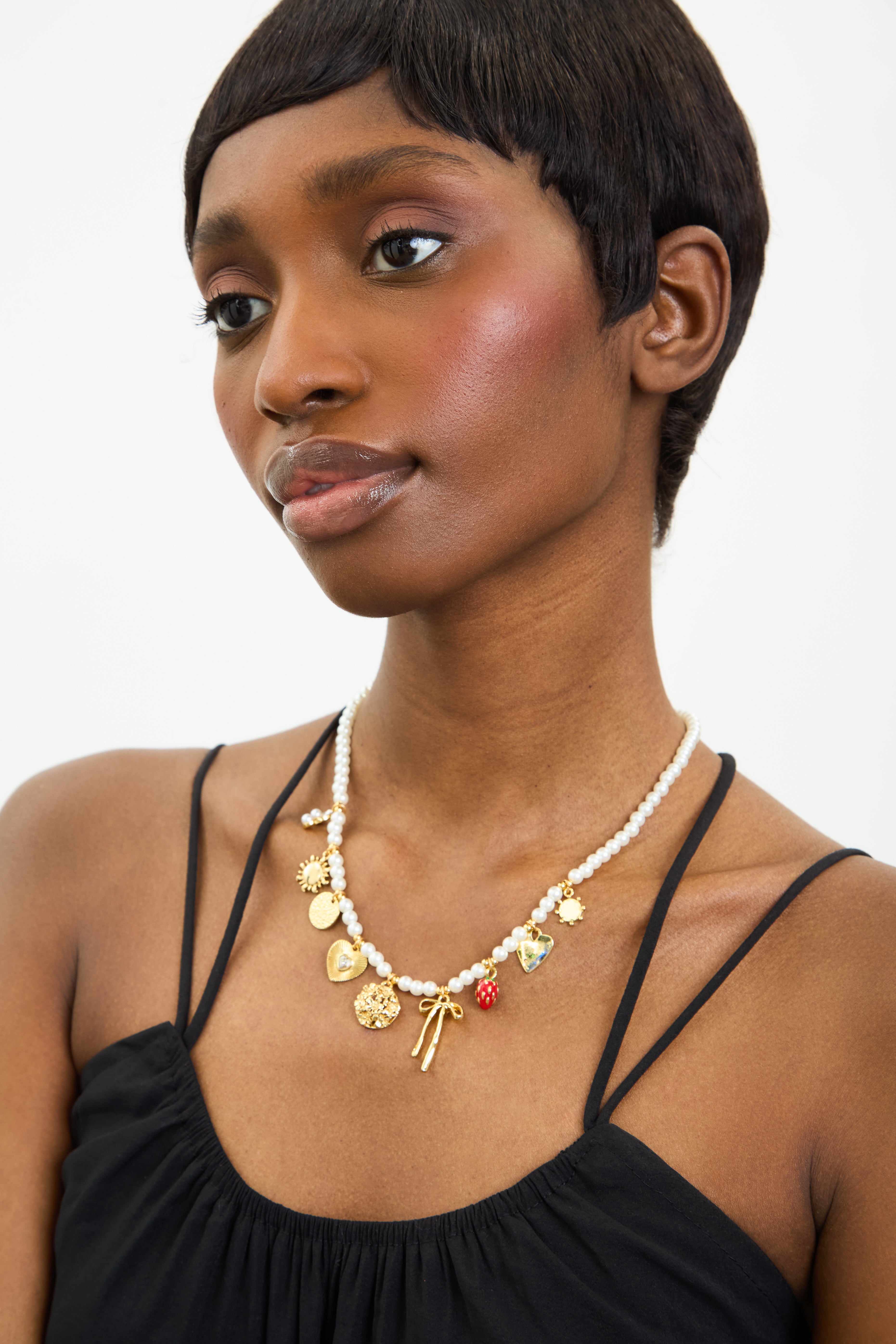 Pearl strawberry and gold charm necklace_1