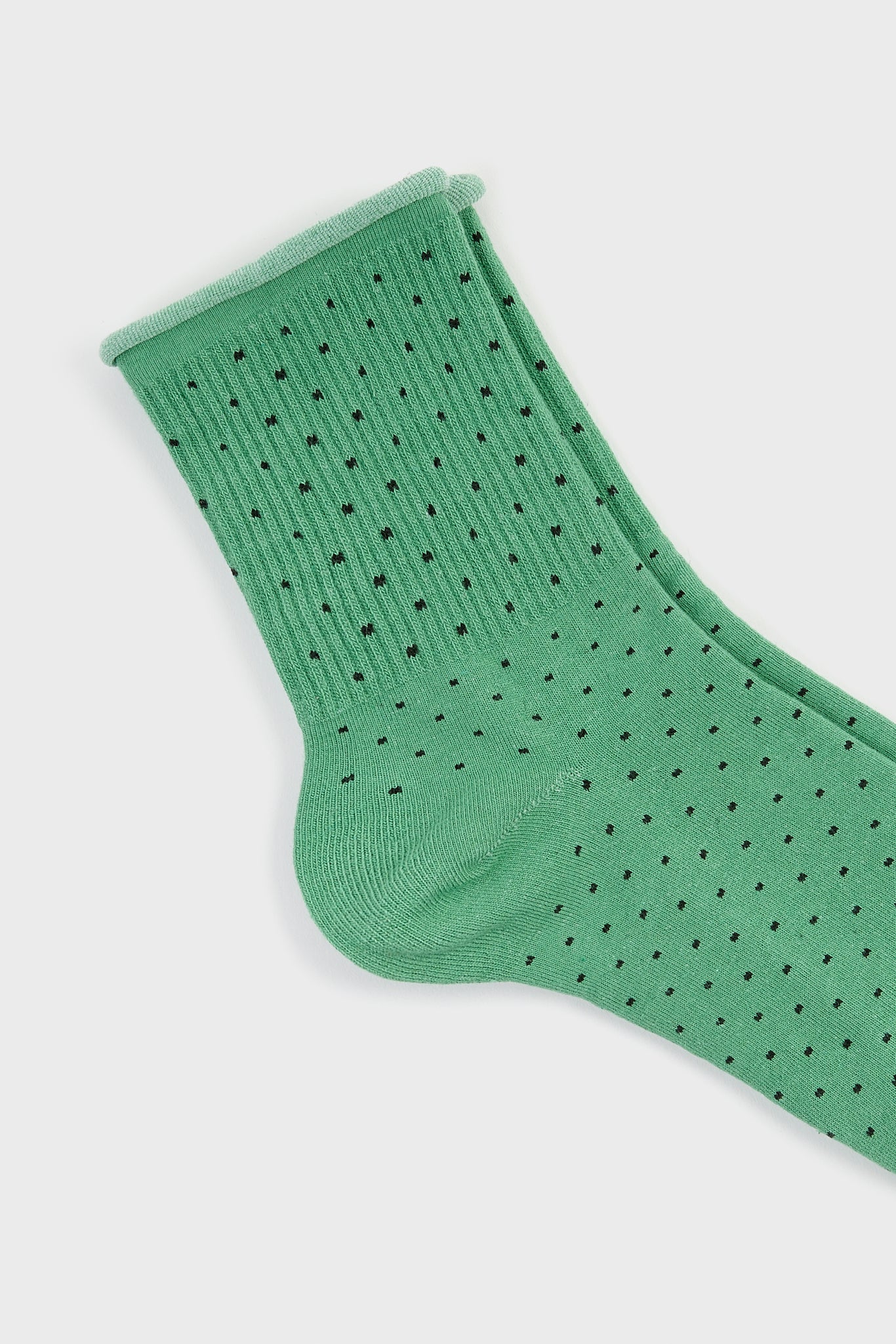 Green and black polka dot roll trim socks_4