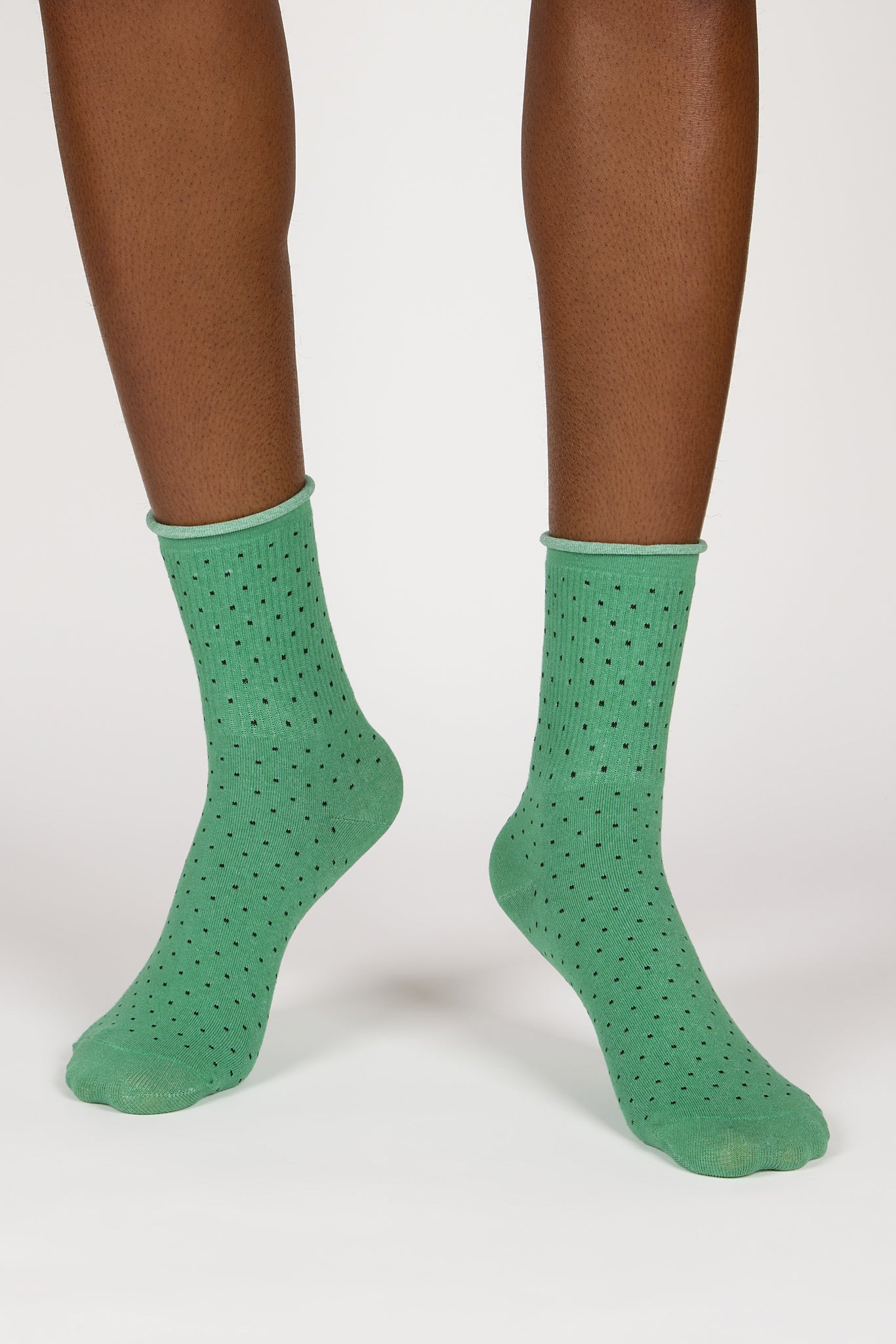 Green and black polka dot roll trim socks_2