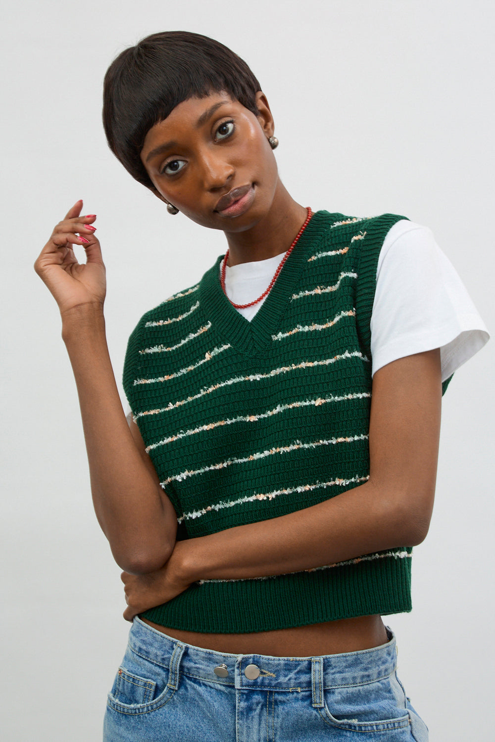 Green and ivory flecked stripe sweater vest_1