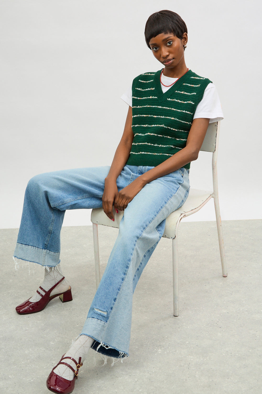 Green and ivory flecked stripe sweater vest_5