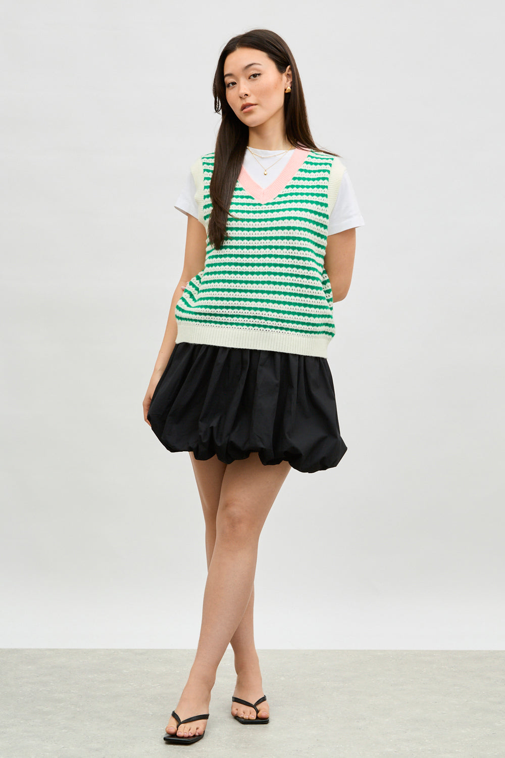 Green and ivory striped pink collar sweater vest_4