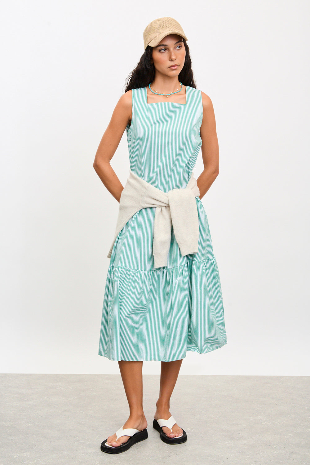 Green and ivory striped square neck dress_1