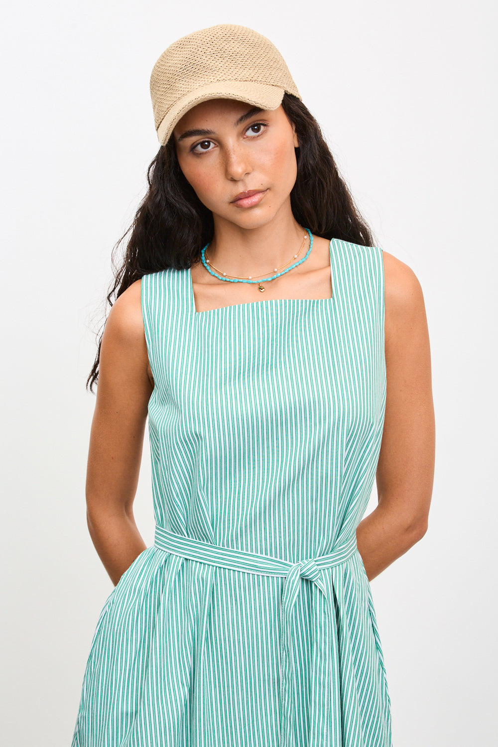 Green and ivory striped square neck dress_3