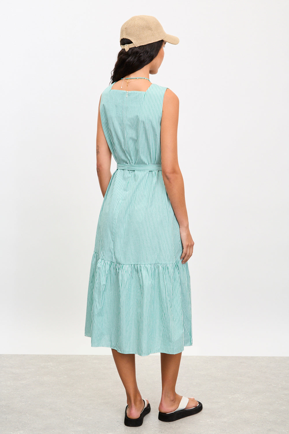 Green and ivory striped square neck dress_2