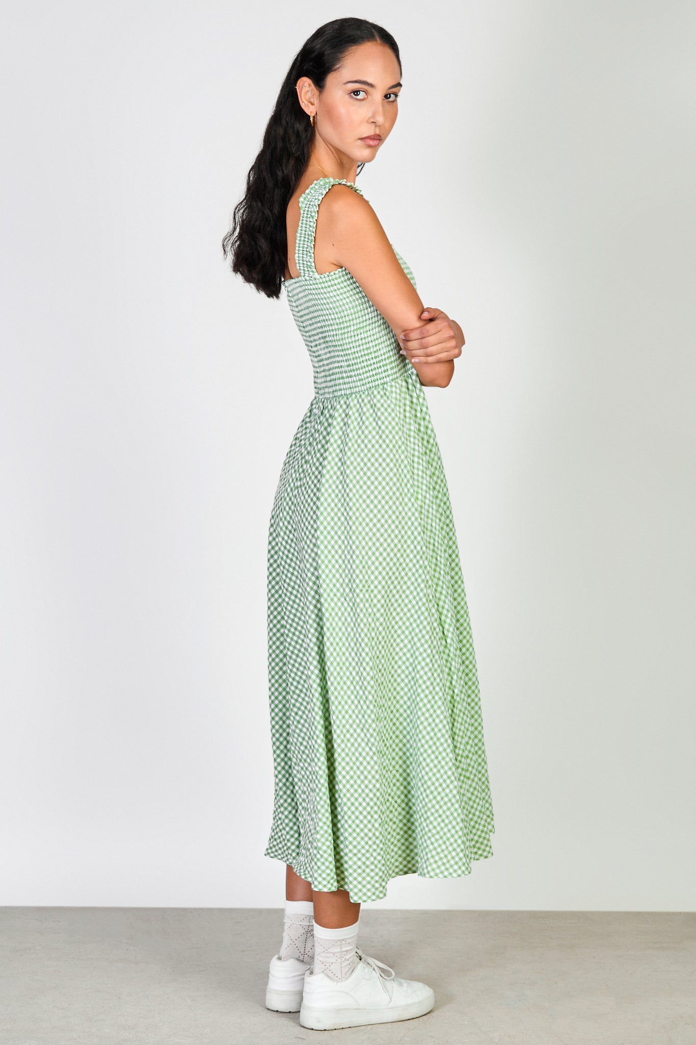 Green and white gingham ruched bodice dress_2