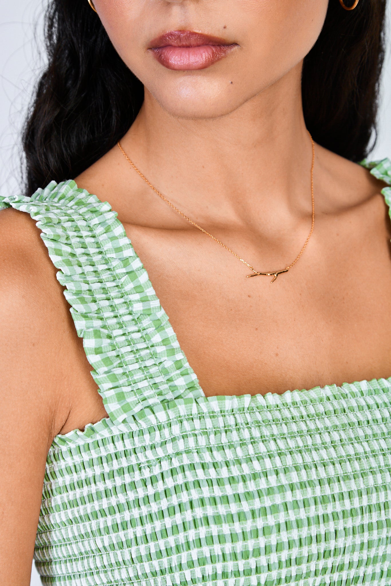 Green and white gingham ruched bodice dress_3