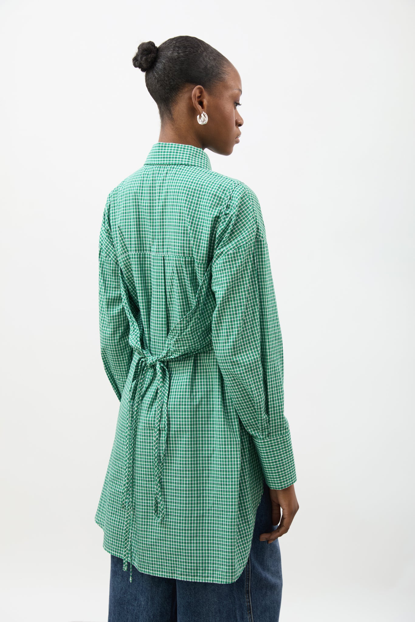 Green and white plaid layered shirt dress_2