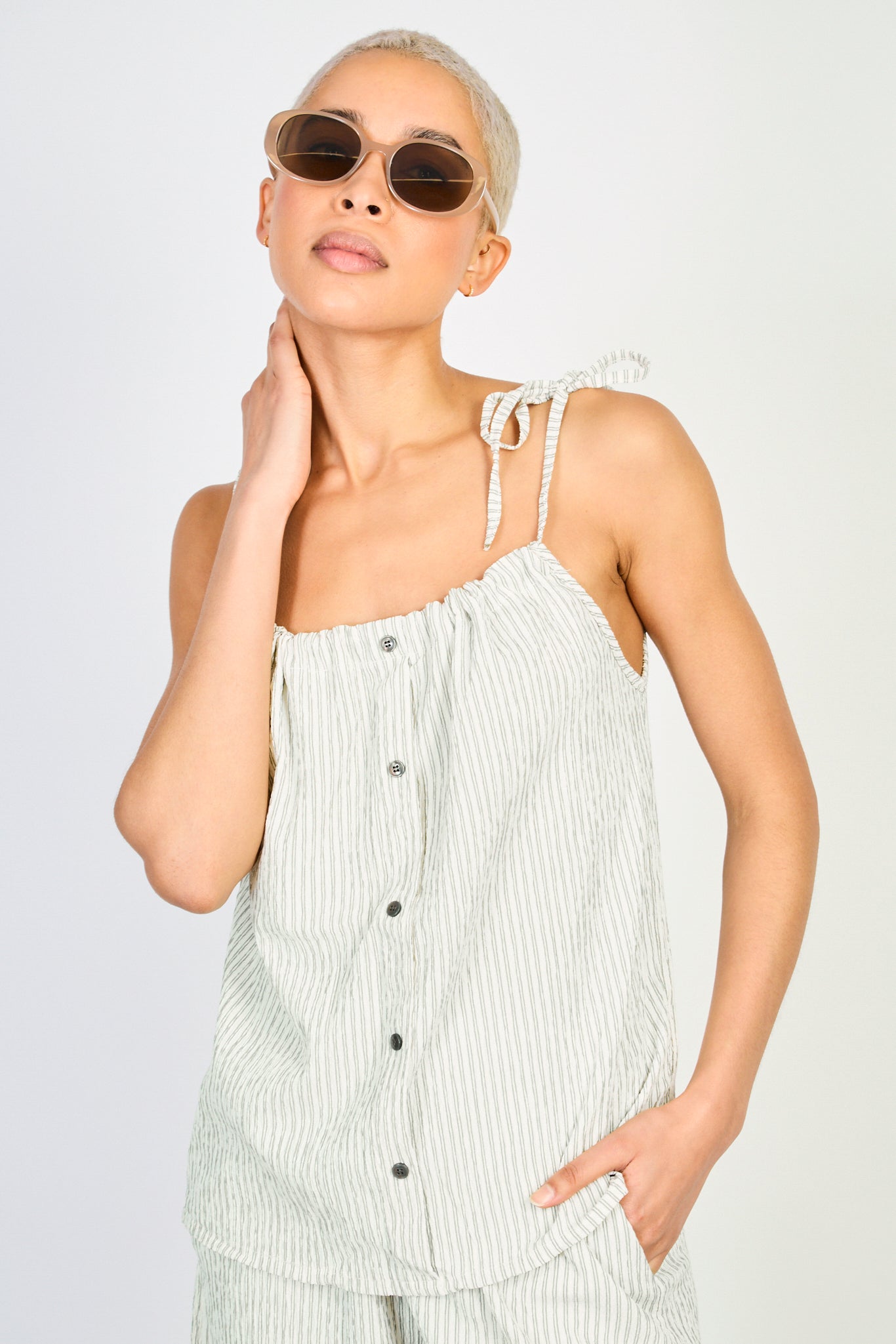 Green and white striped button front tank_1