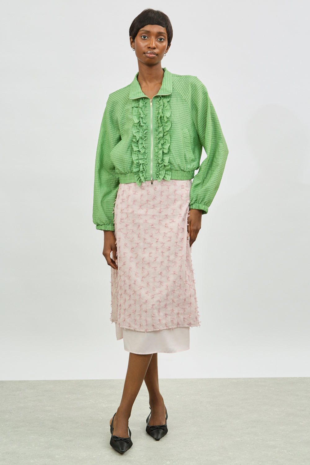 Green box check ruffle trim jacket_4