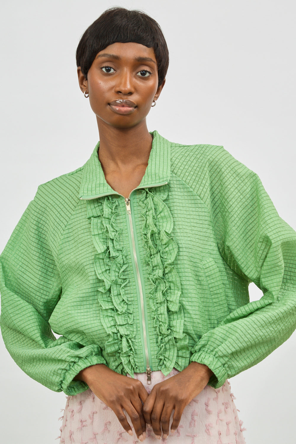 Green box check ruffle trim jacket_1