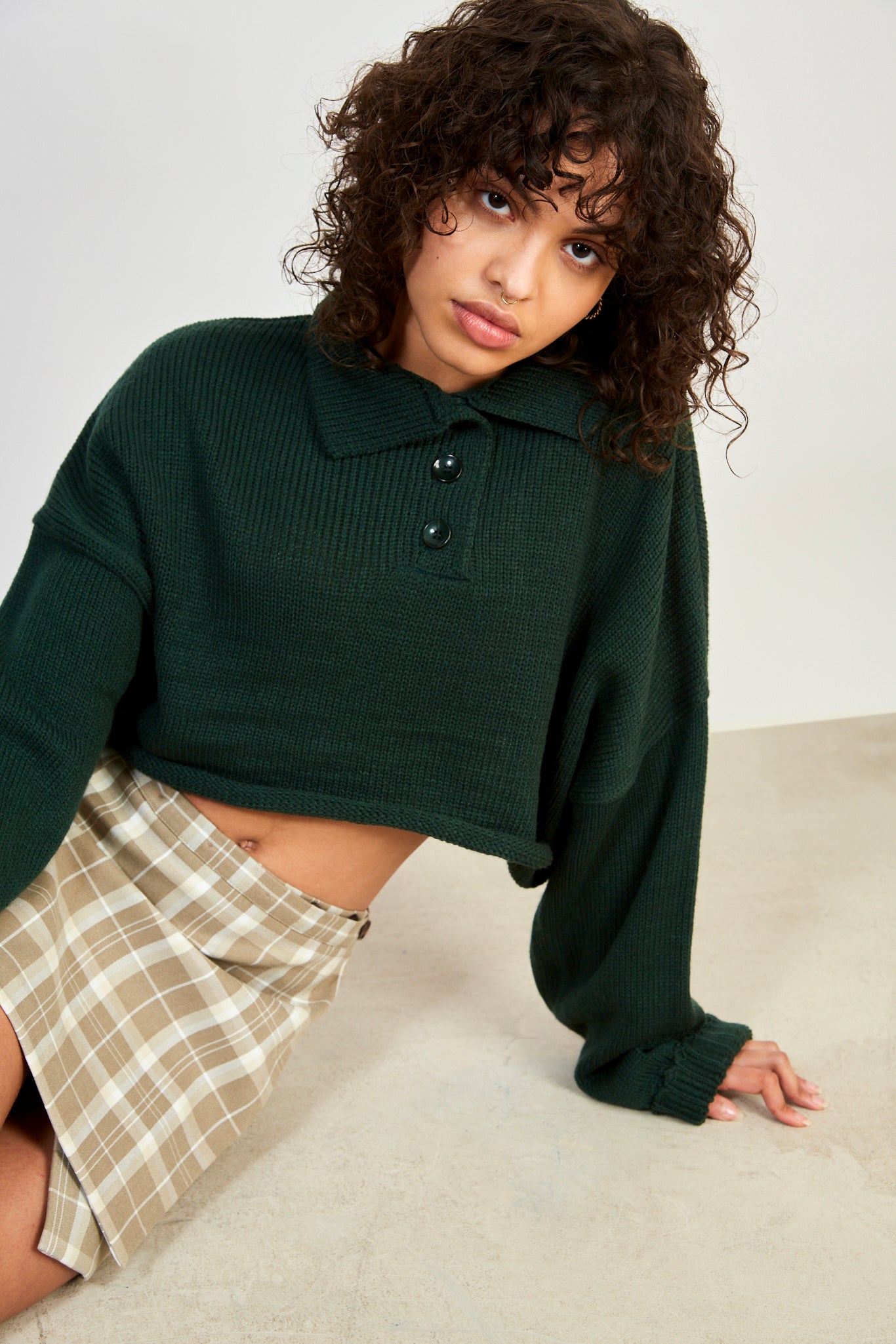 Green button neck cropped wide jumper